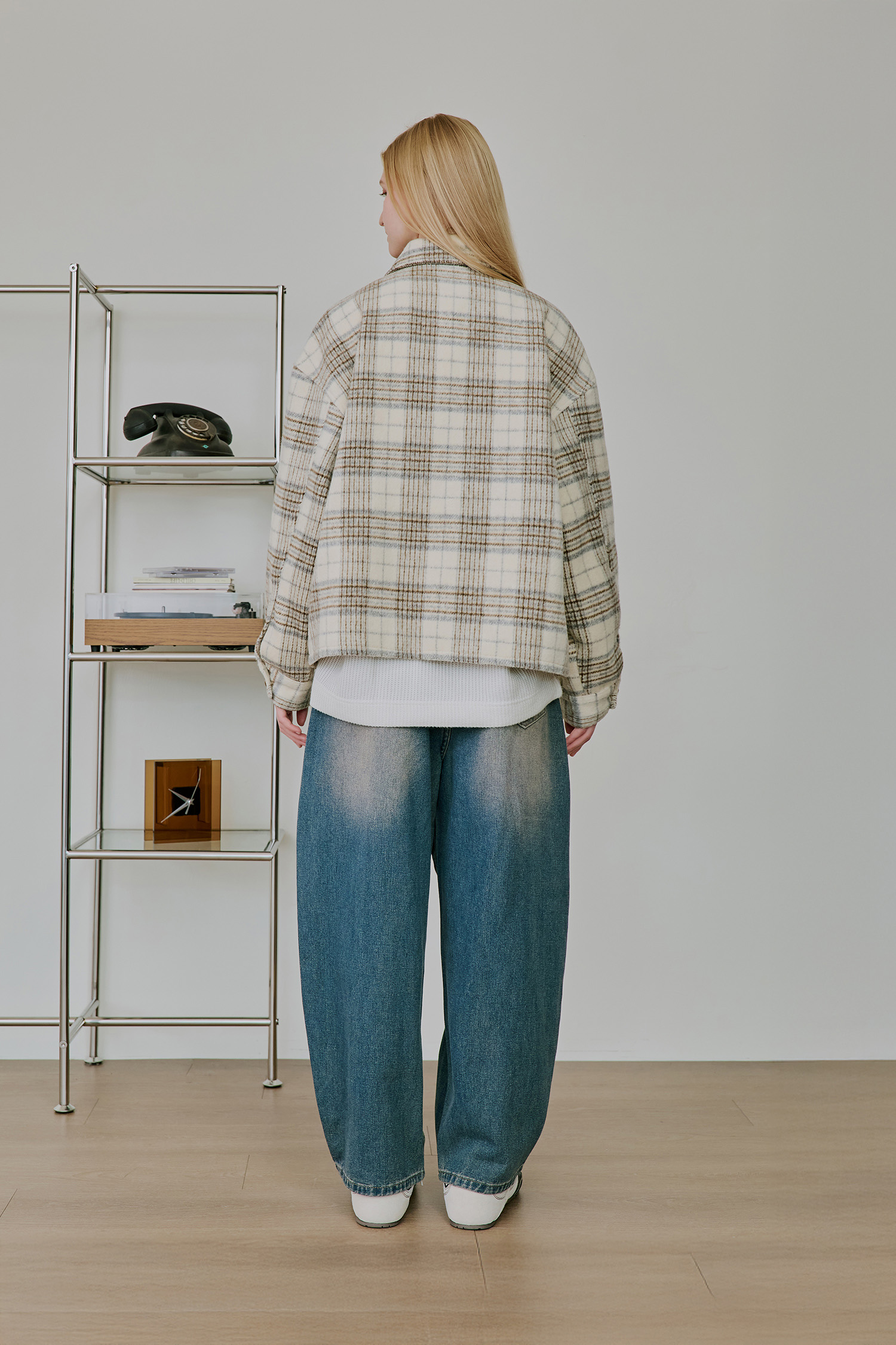 格紋毛呢拉鏈外套(短版)