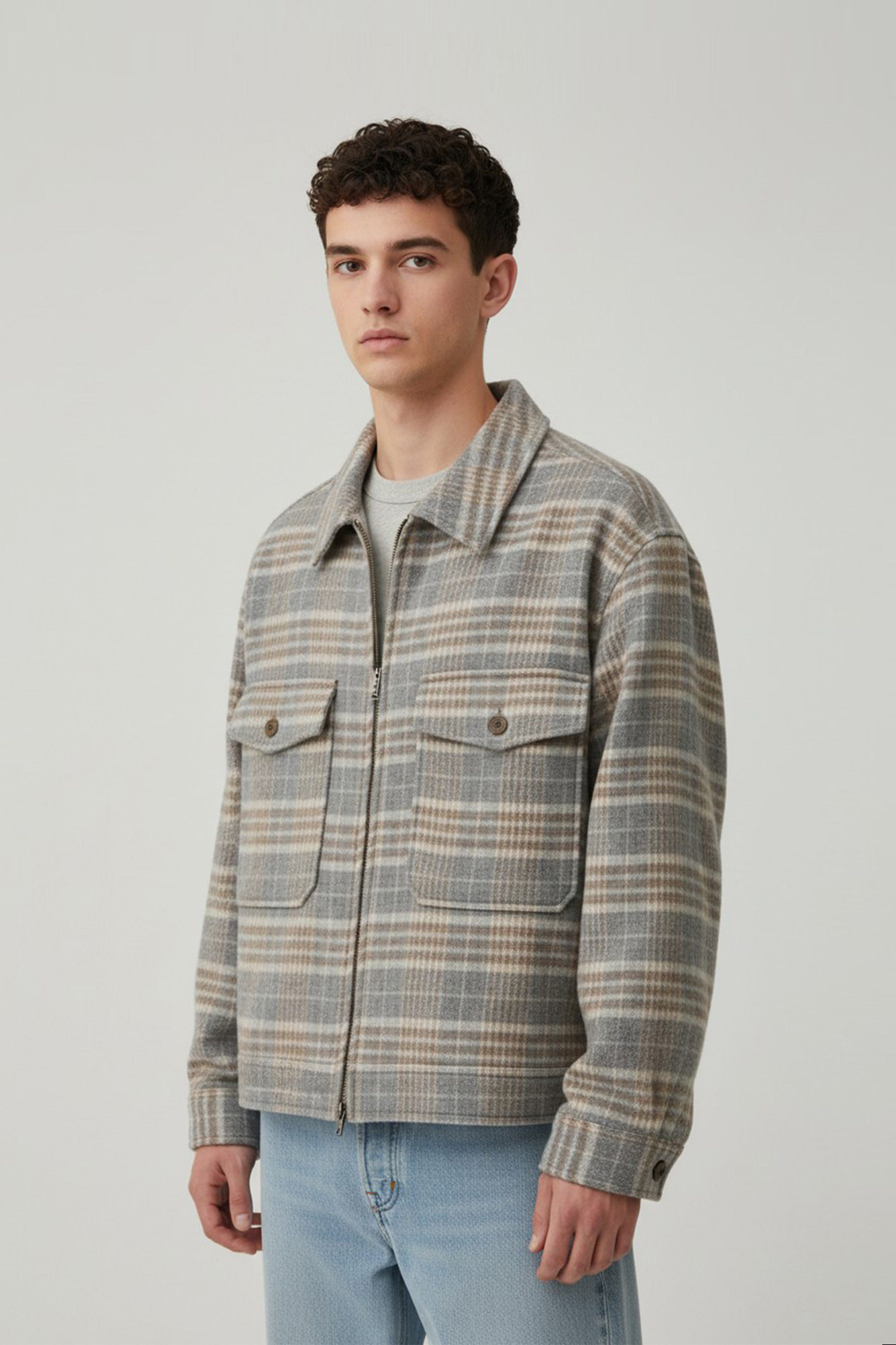 格紋毛呢拉鏈外套(短版)