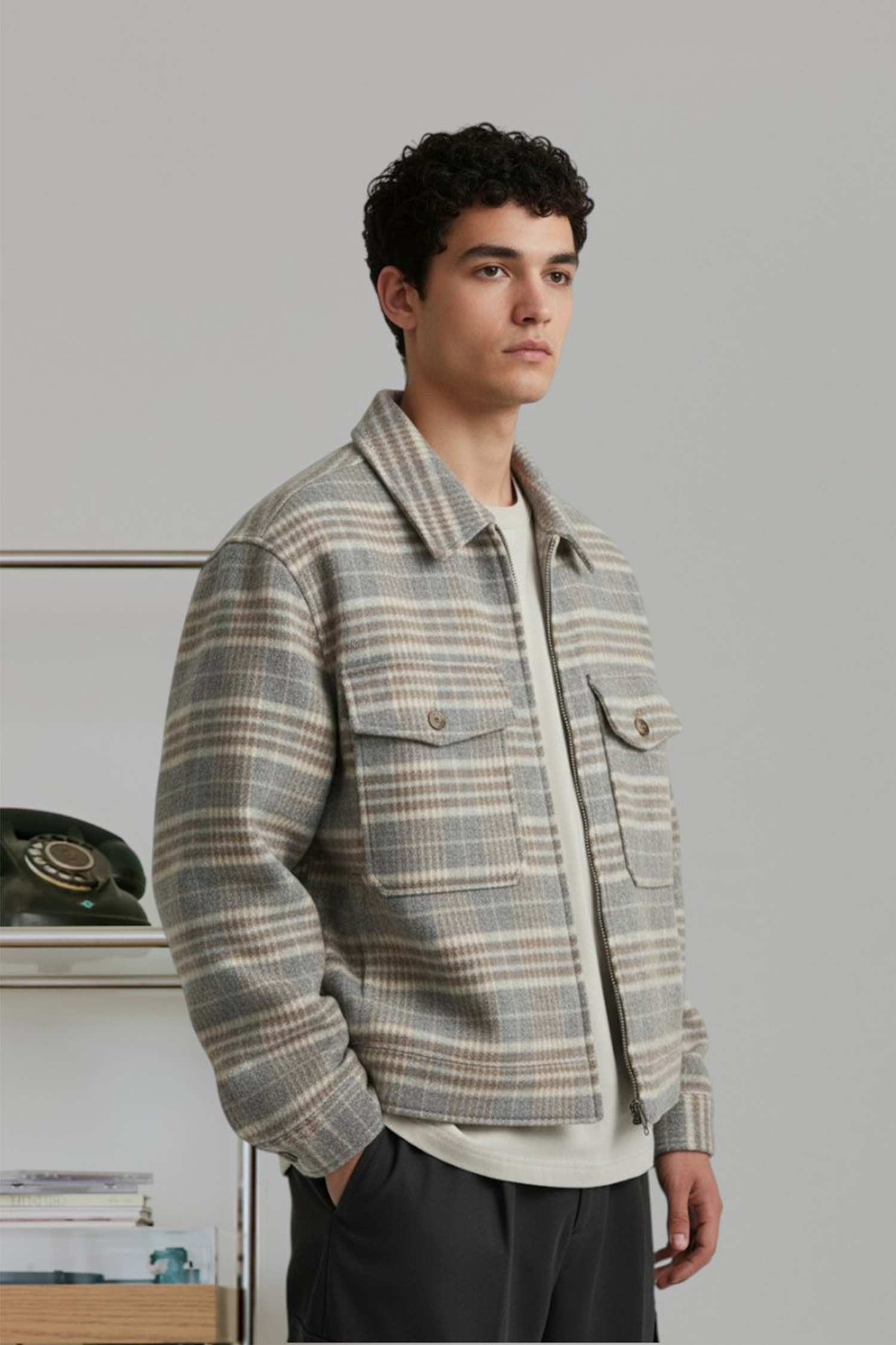 格紋毛呢拉鏈外套(短版)