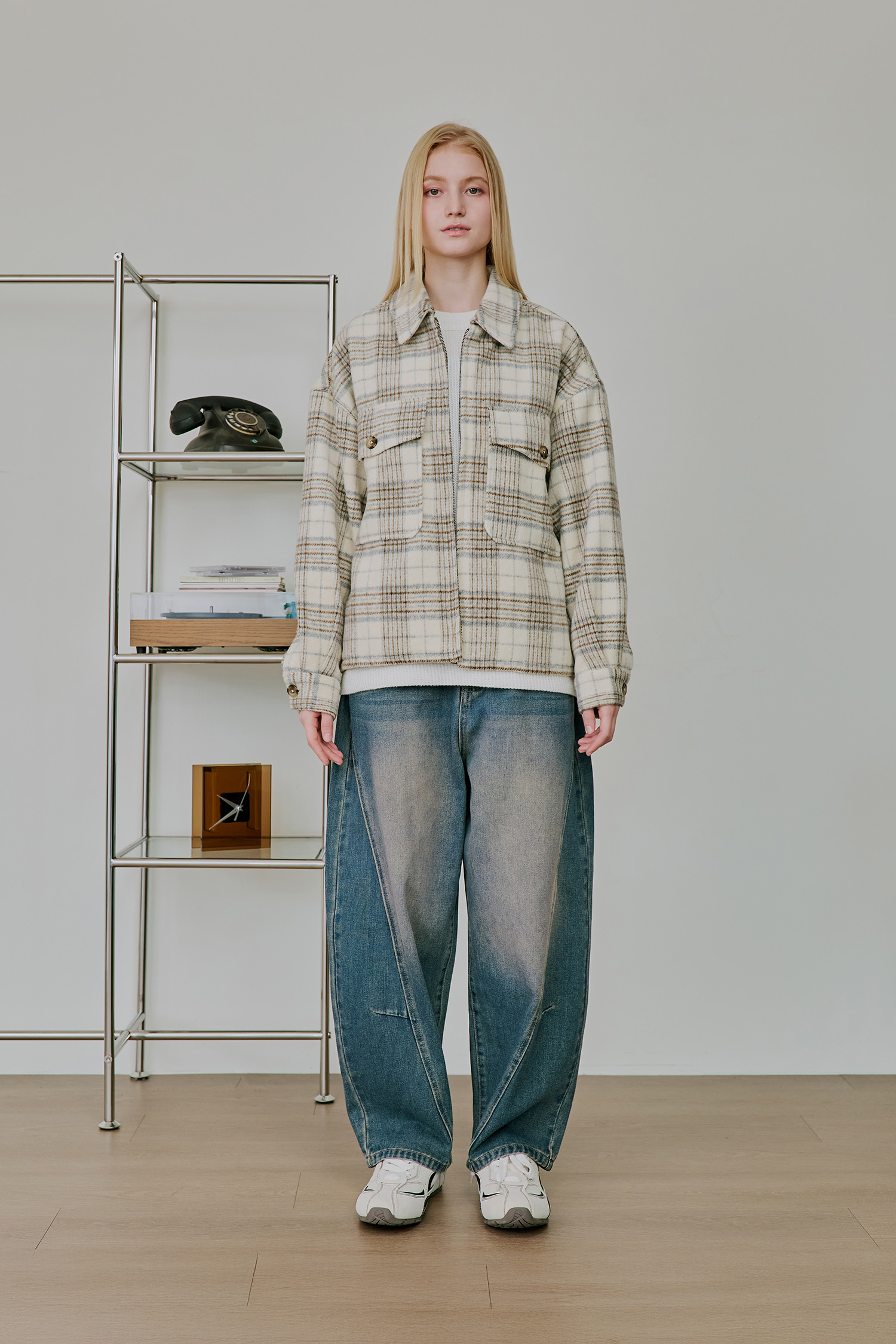 格紋毛呢拉鏈外套(短版)