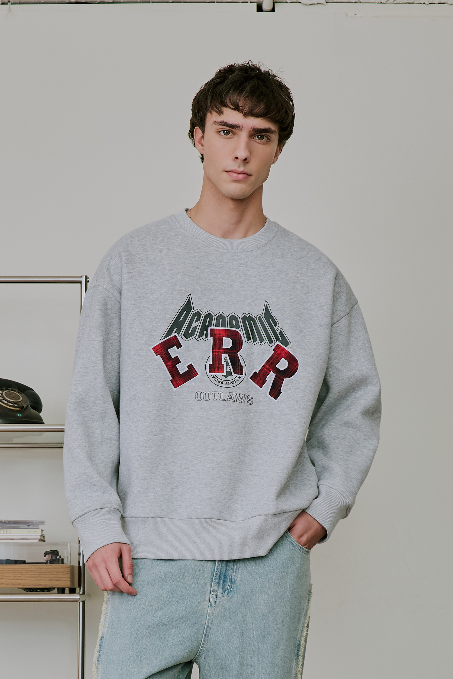 格紋貼布繡 刷毛長袖上衣