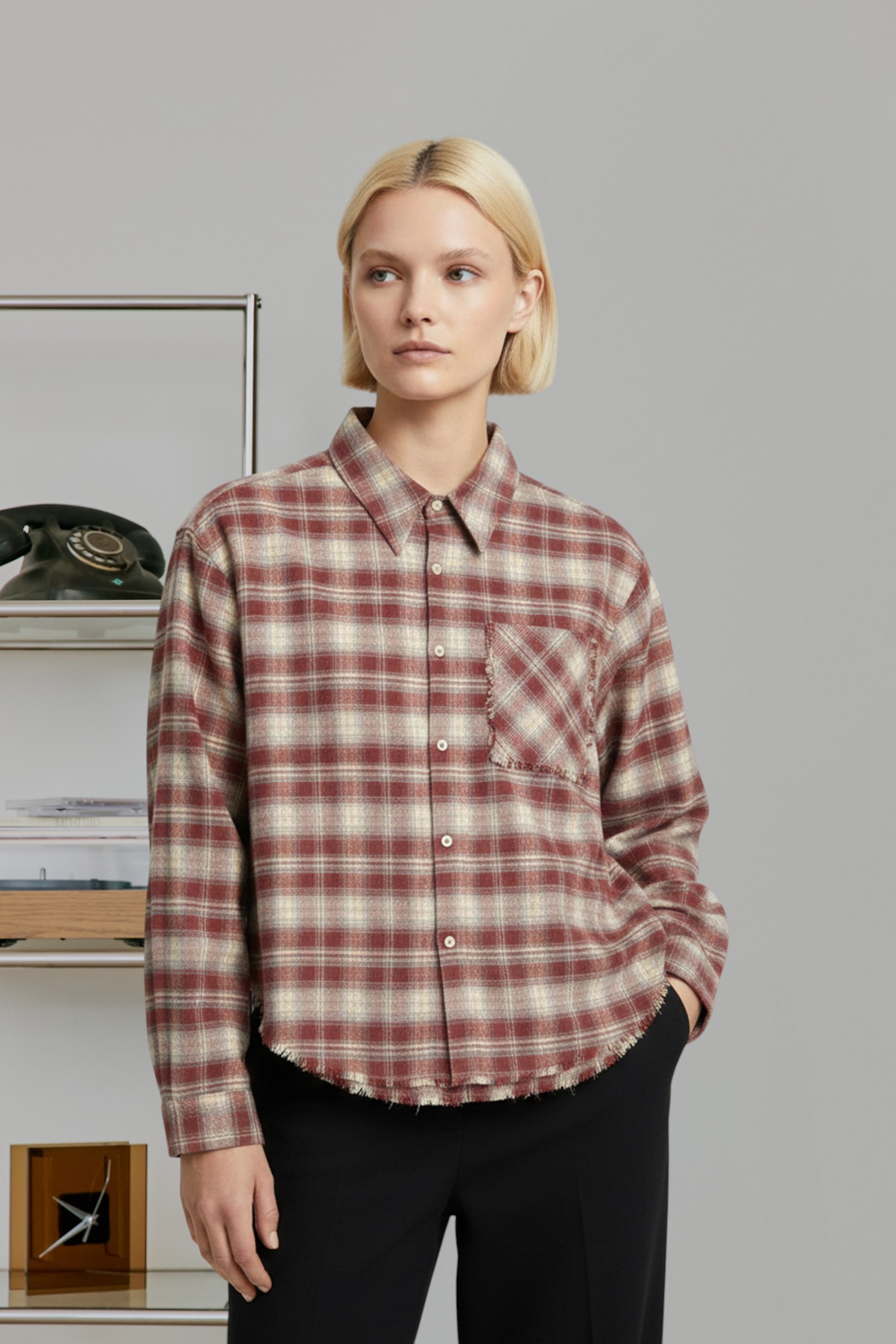 格紋磨毛 不收邊長袖襯衫