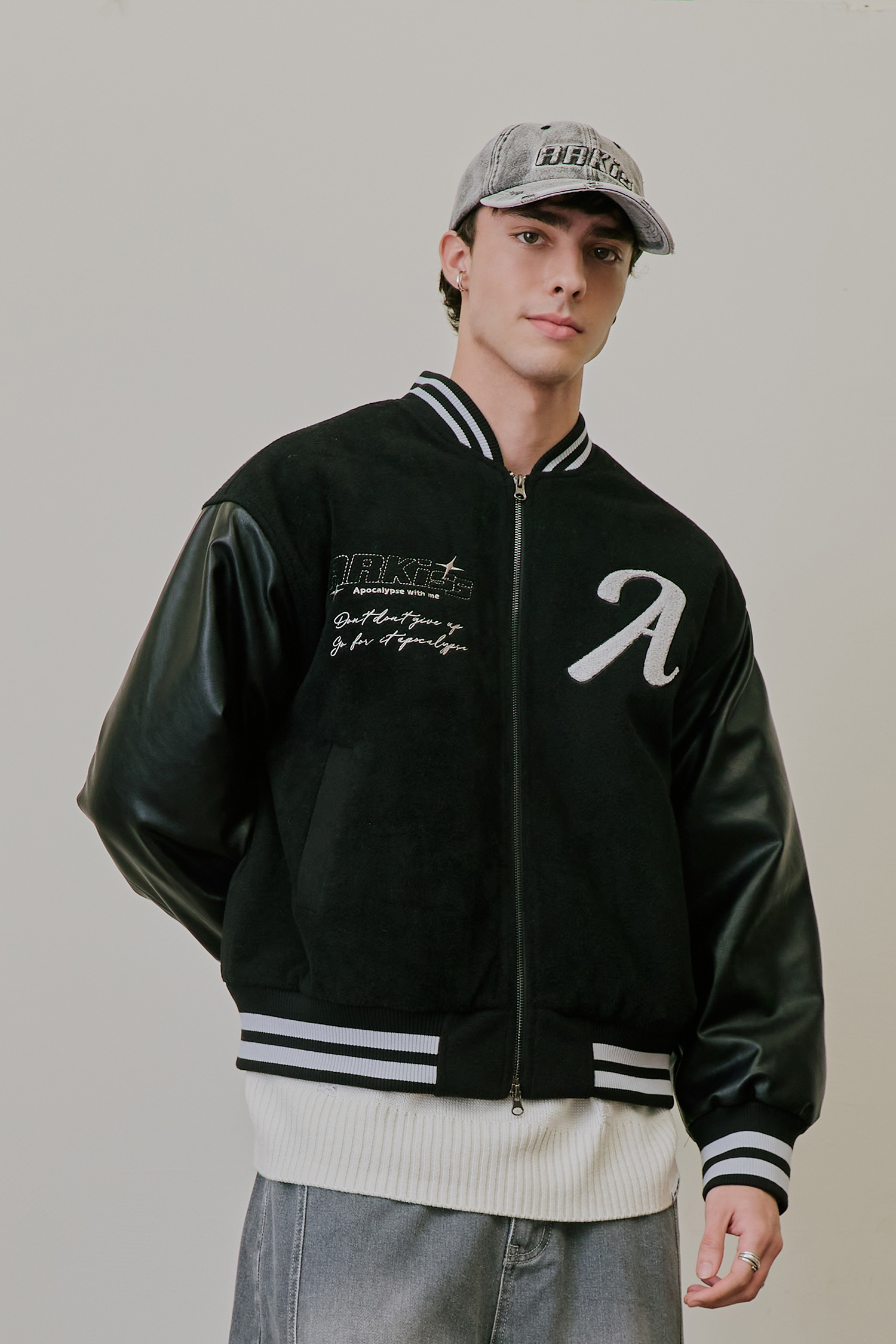 ARKis 毛呢拼接皮革 棒球鋪棉外套