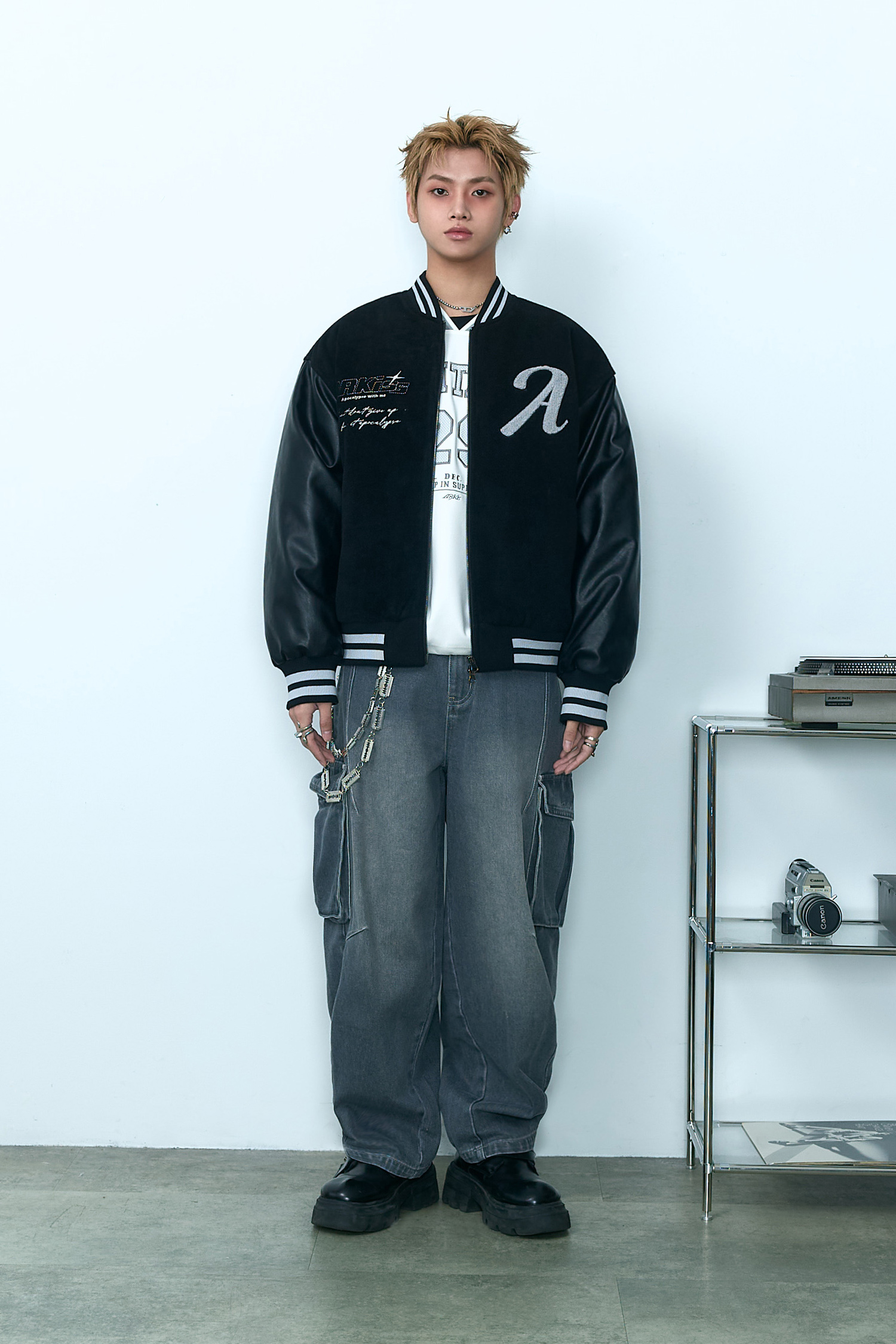 ARKis 毛呢拼接皮革 棒球鋪棉外套