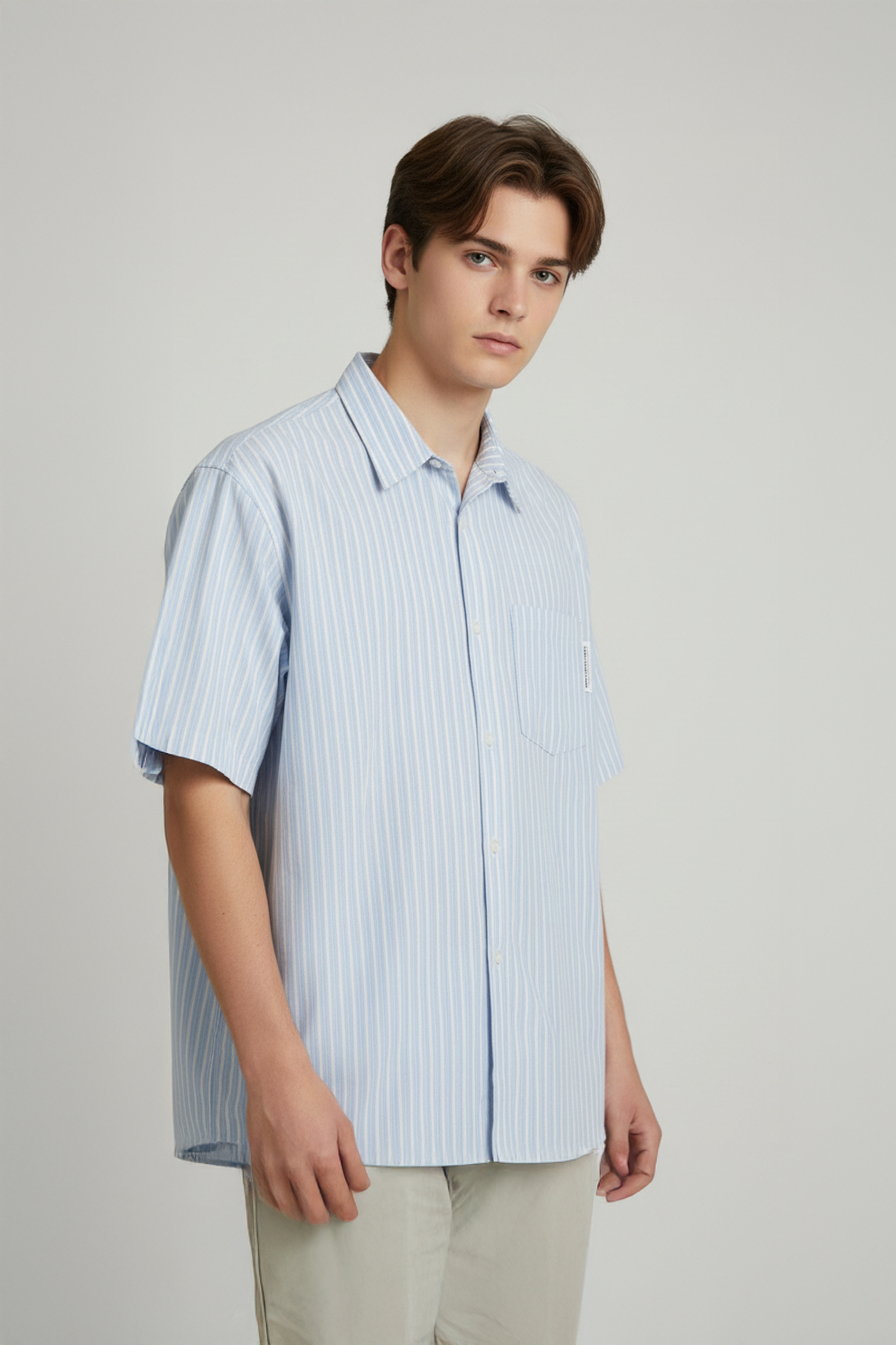 微皺紋理 條紋短袖襯衫