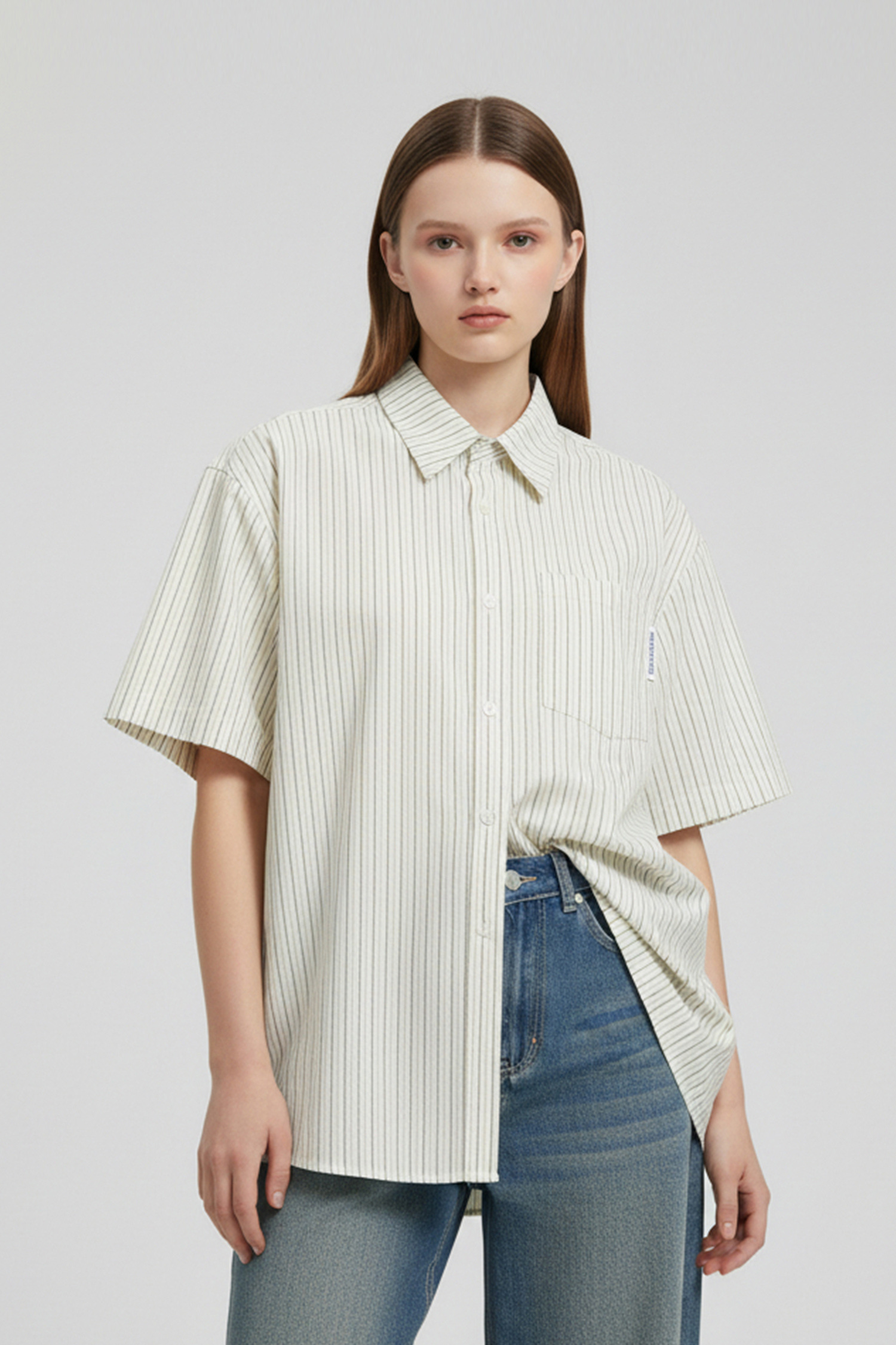 微皺紋理 條紋短袖襯衫