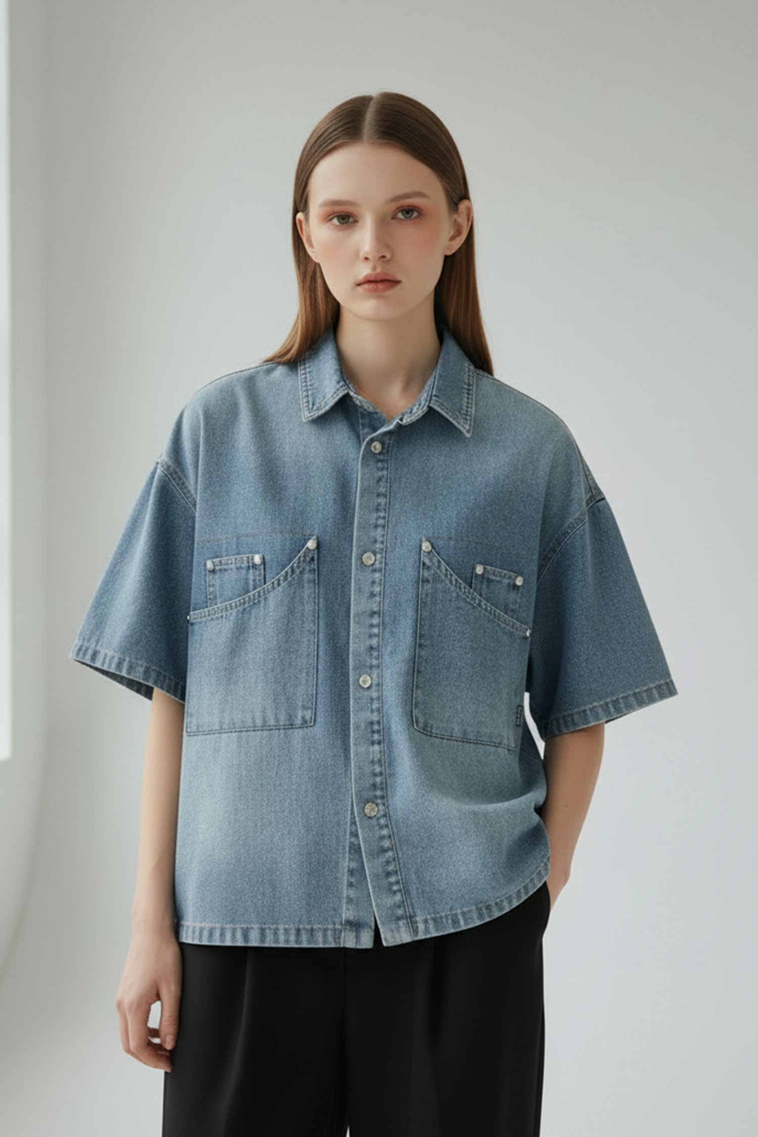 金屬撞釘 牛仔短版短袖襯衫