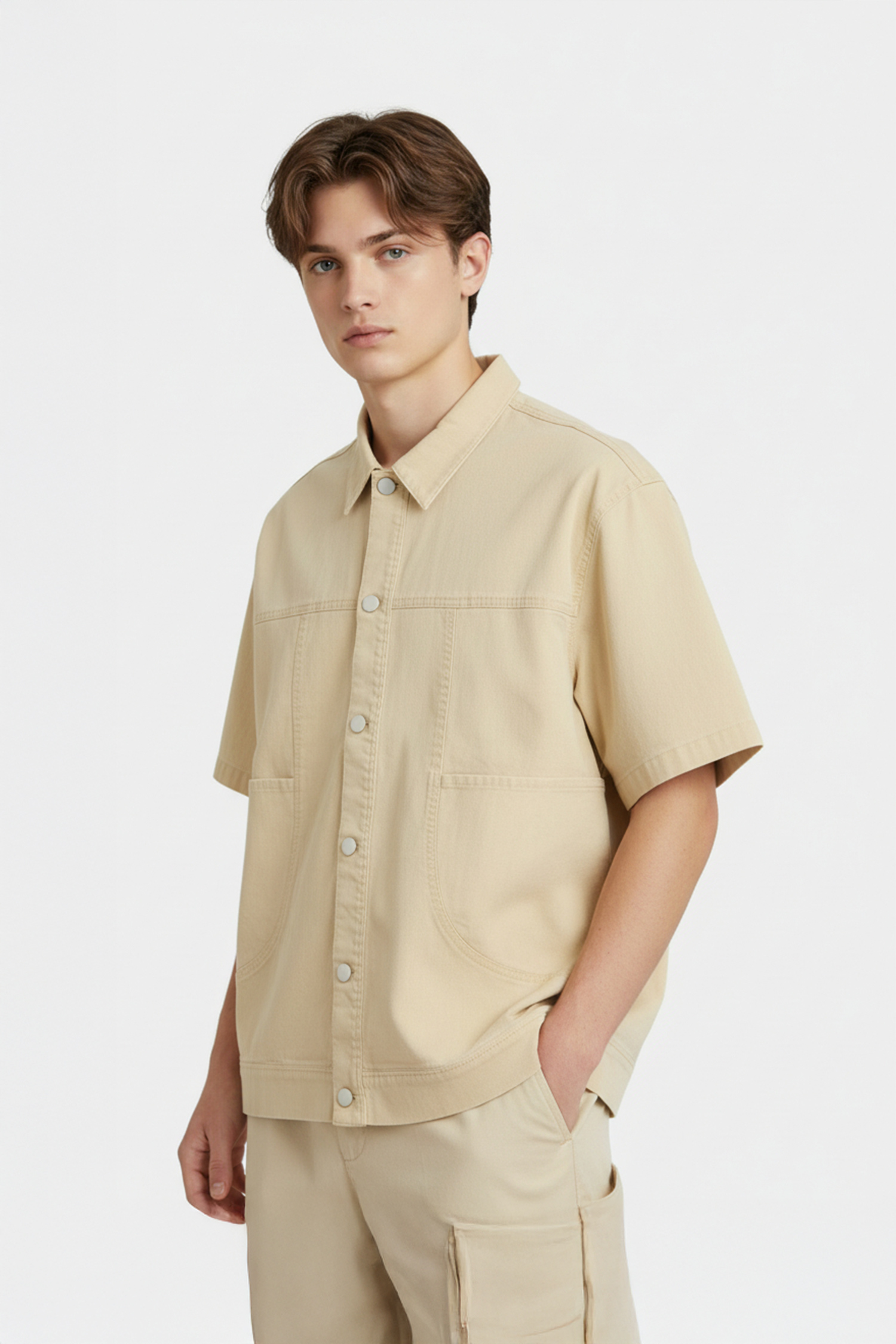 復古洗舊 拼接短袖襯衫