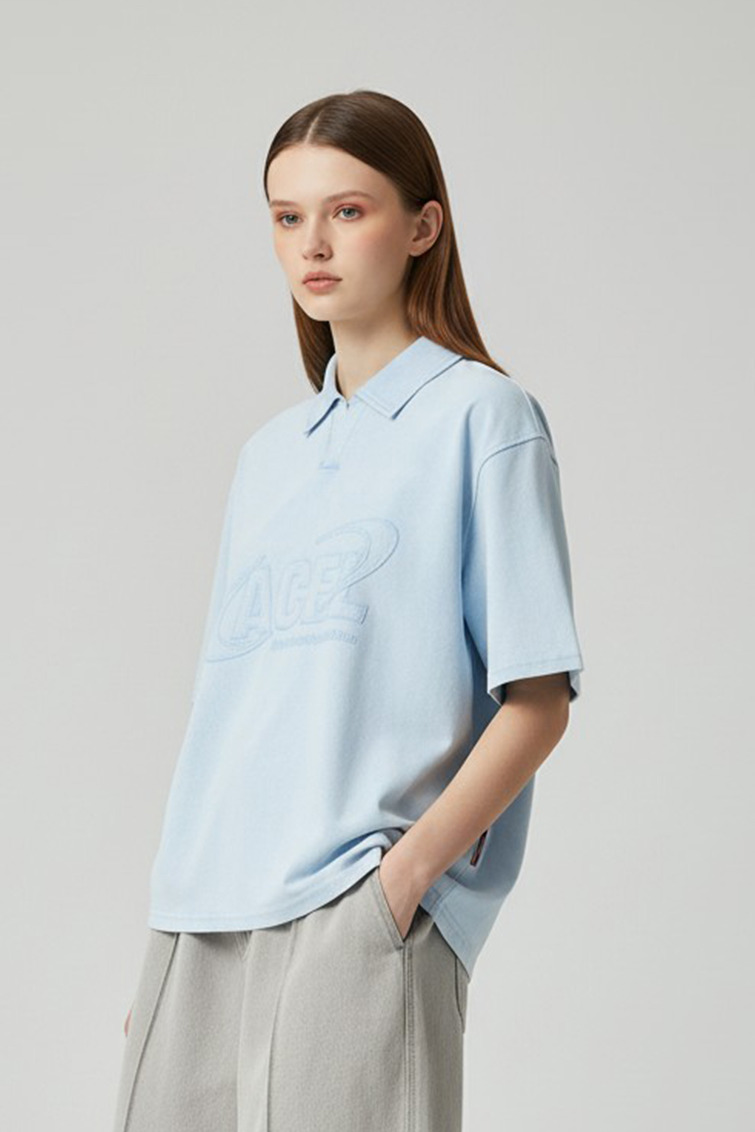 水洗貼布繡 半開襟短袖上衣