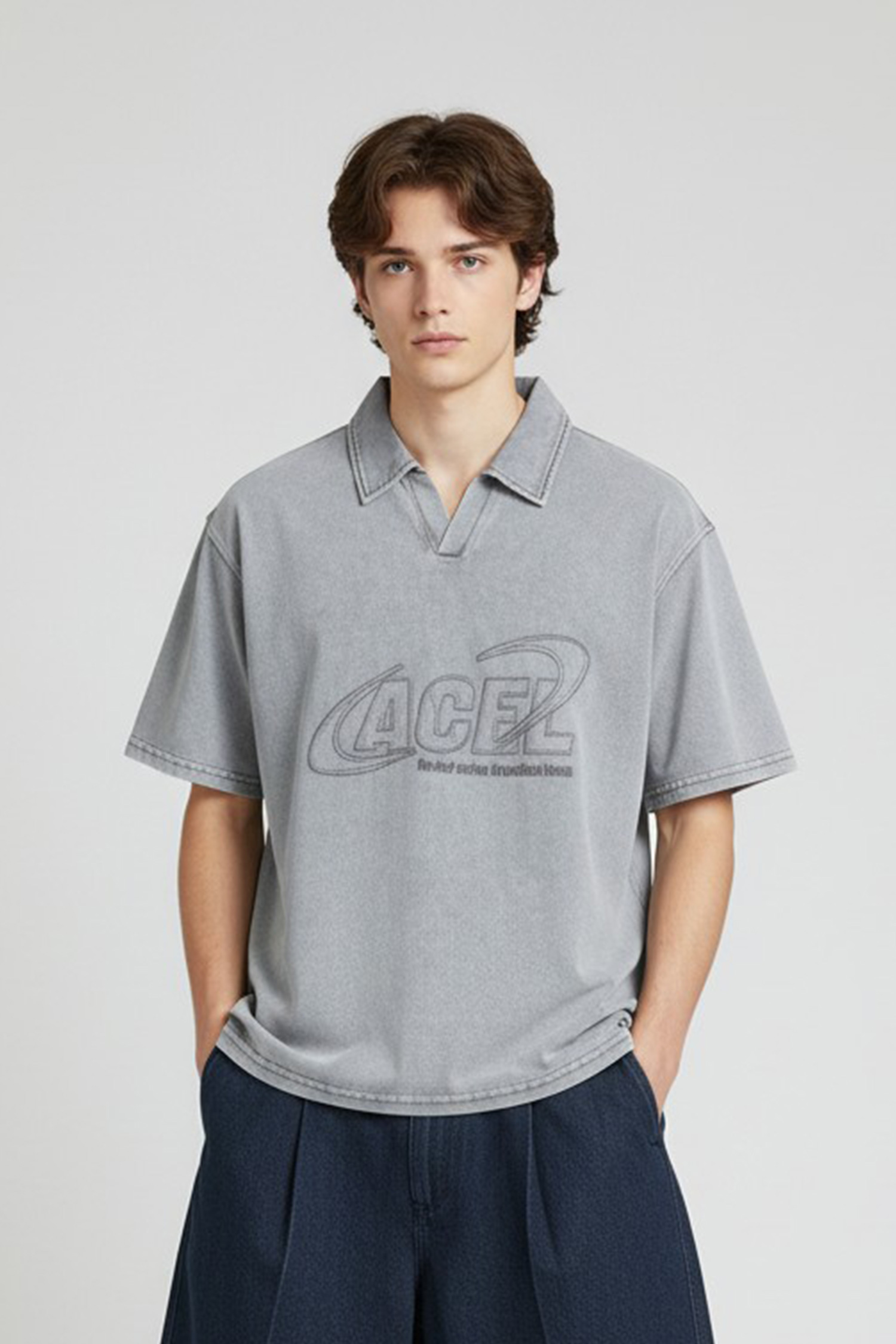 水洗貼布繡 半開襟短袖上衣