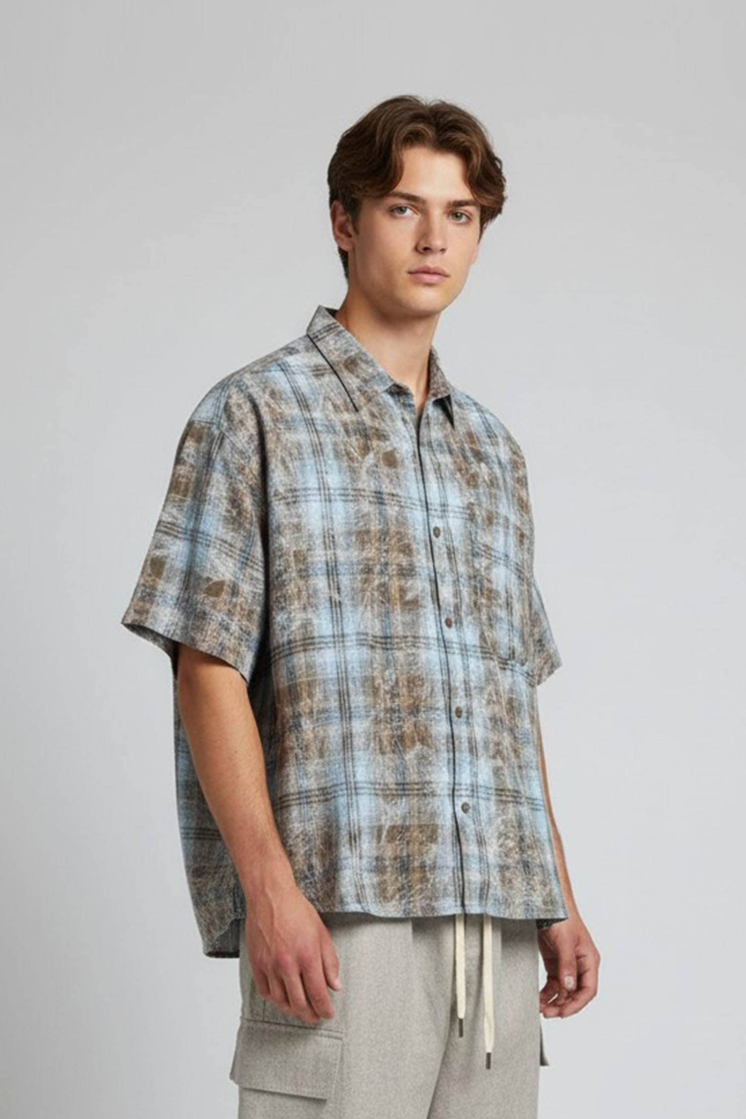 暈染格紋 印花 短袖襯衫