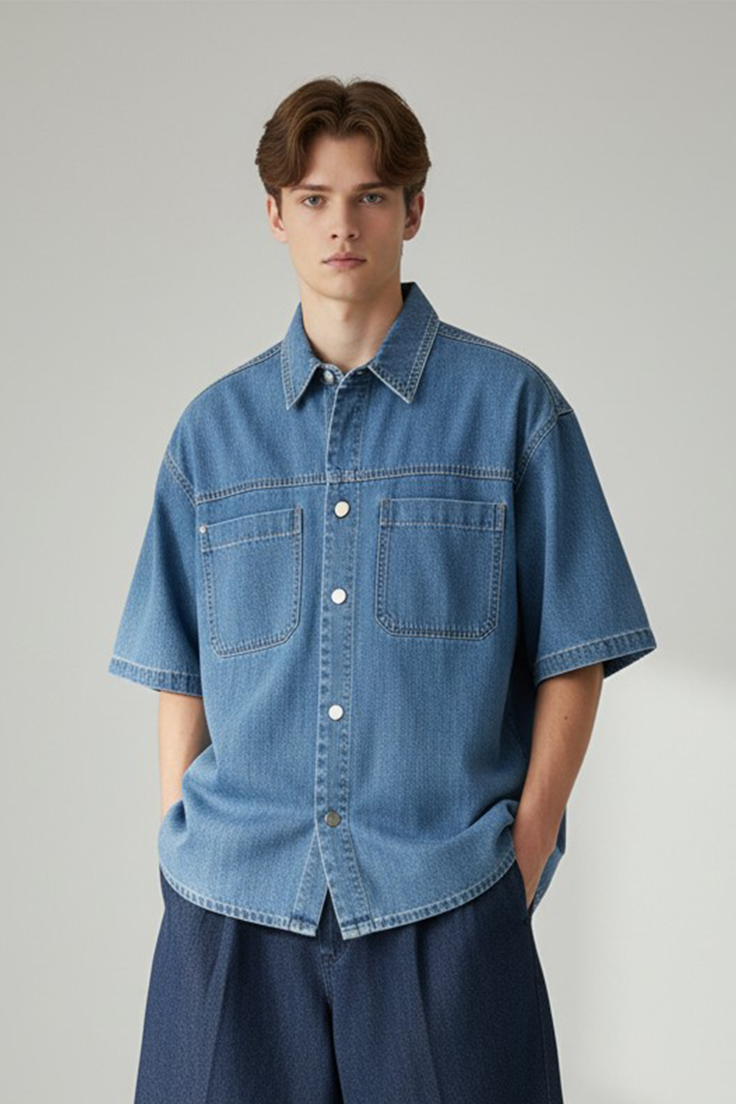 水洗仿舊 純棉短袖襯衫(短版)