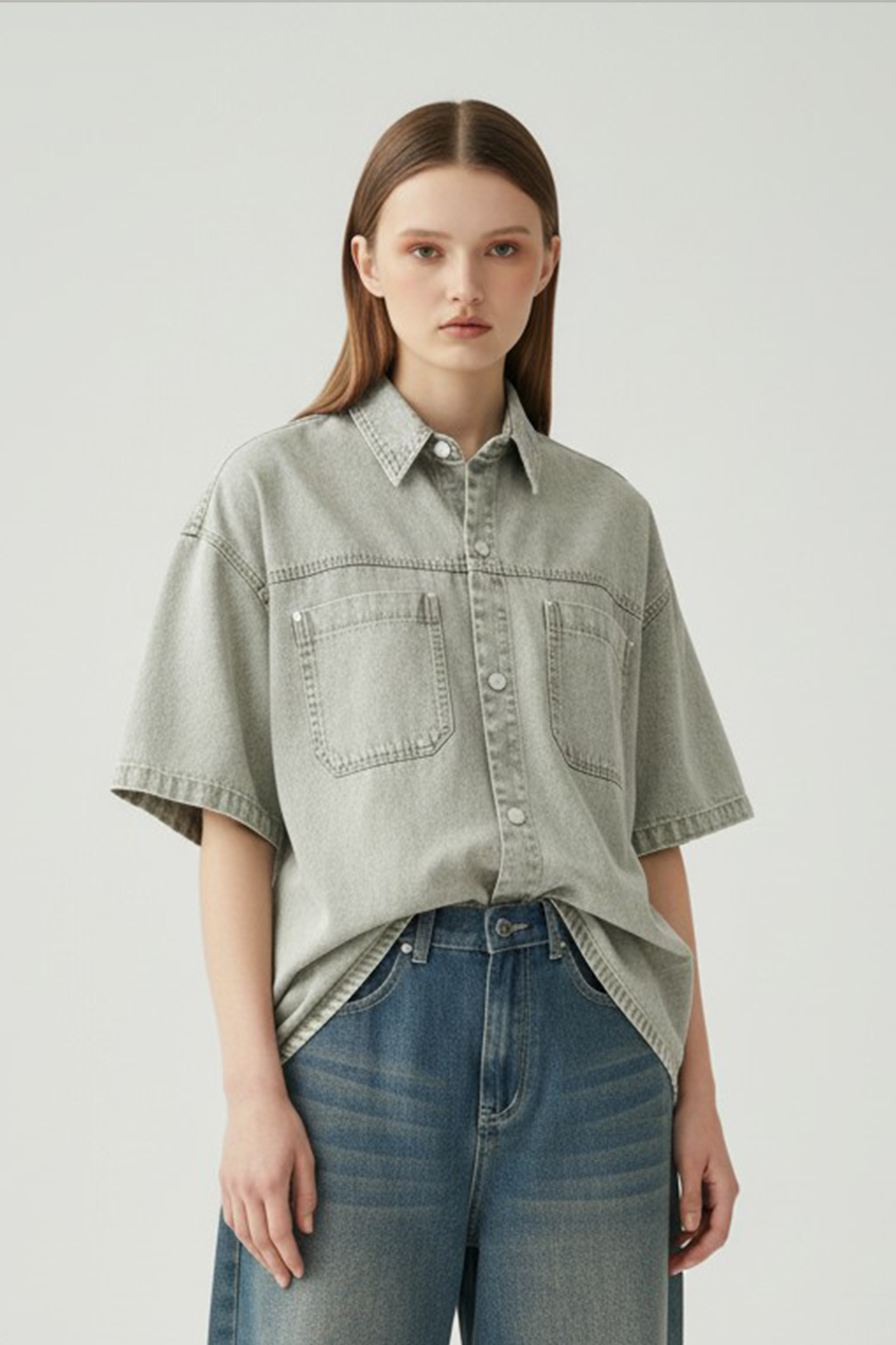 水洗仿舊 純棉短袖襯衫(短版)