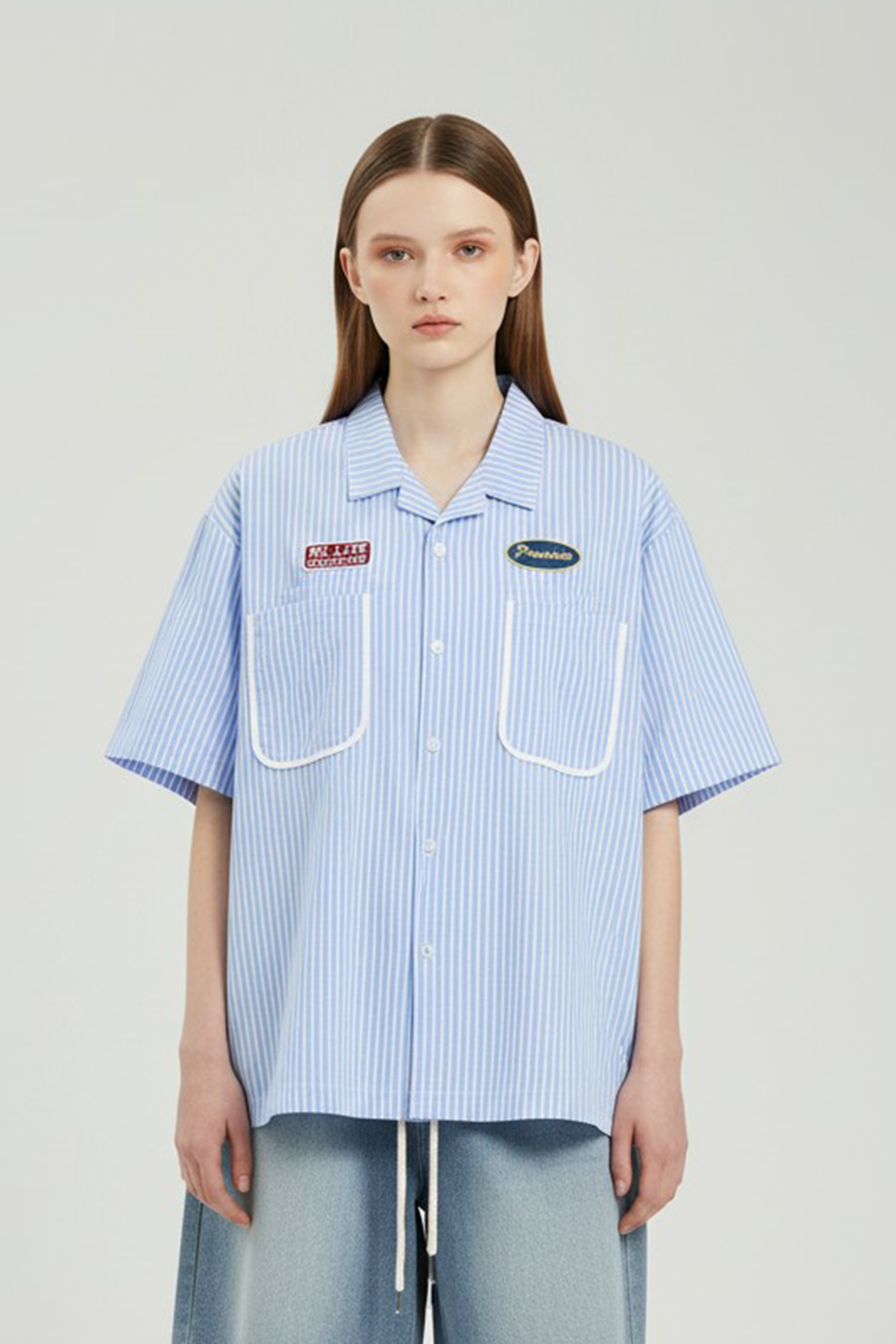 條紋電繡 古巴領短袖襯衫