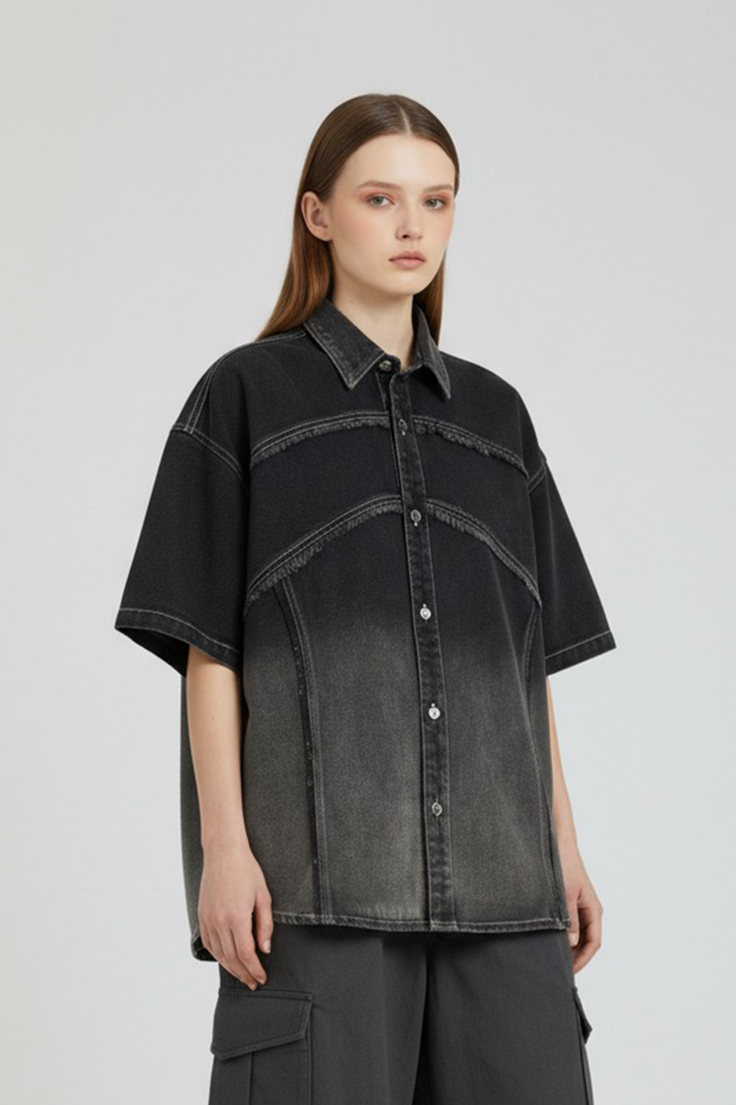 水洗漸層 毛邊短袖牛仔襯衫