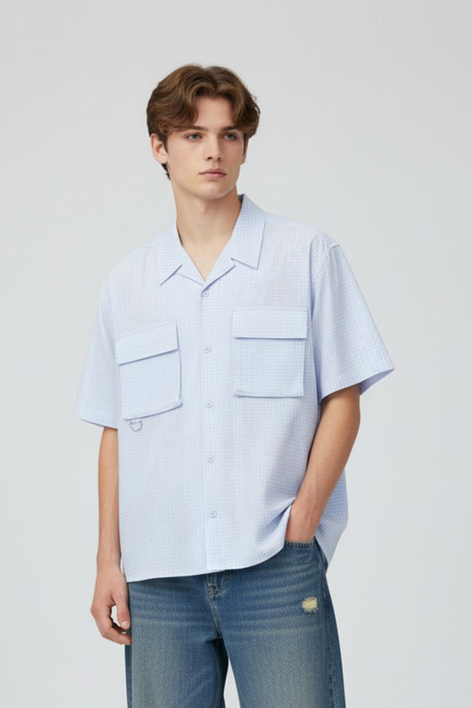 清新小格 翻領短袖襯衫