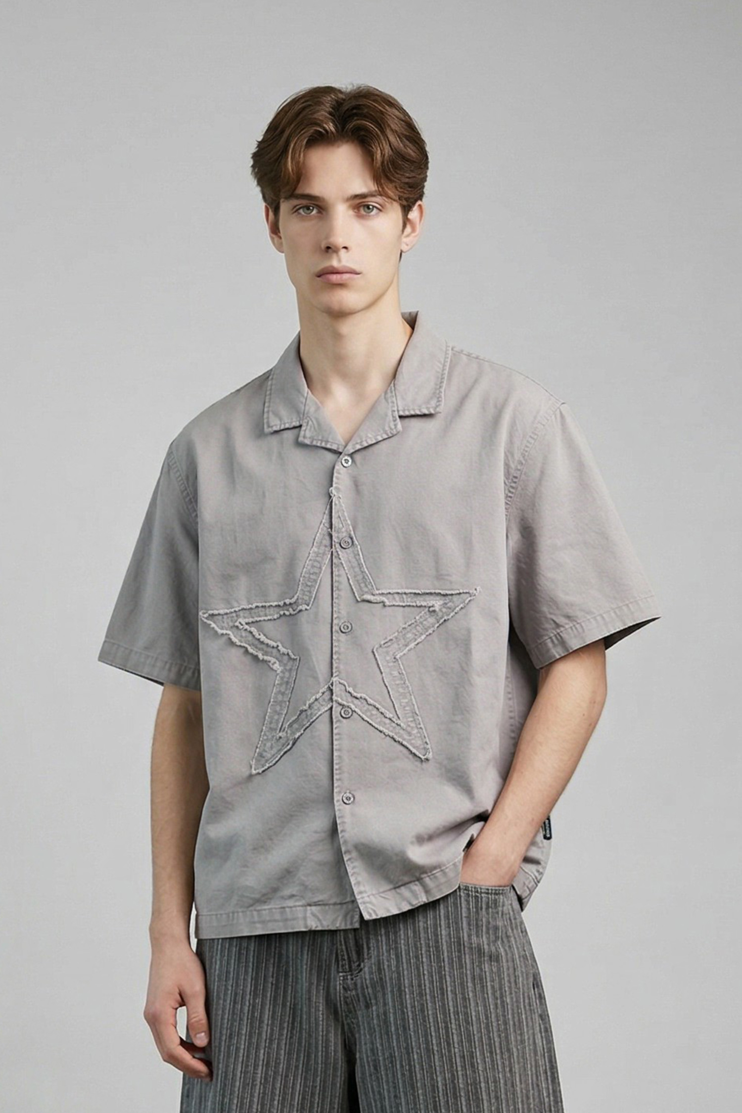 復古仿舊 貼布繡短袖襯衫