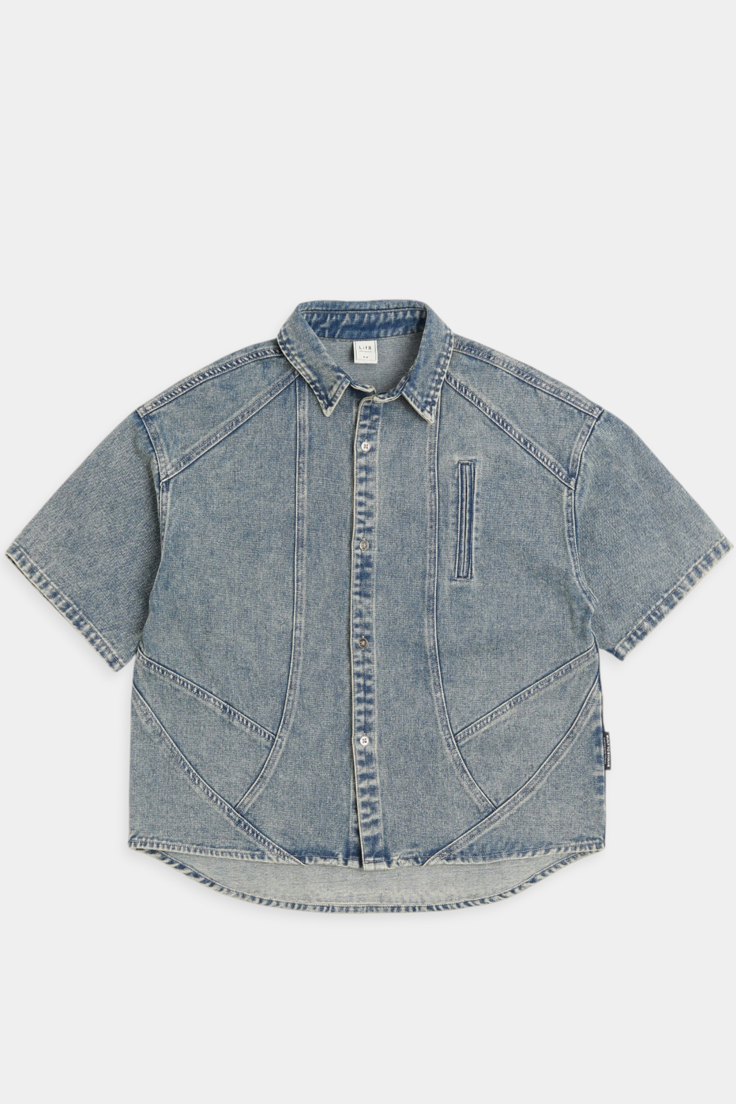 雪花洗舊 牛仔切割短袖襯衫(短版)