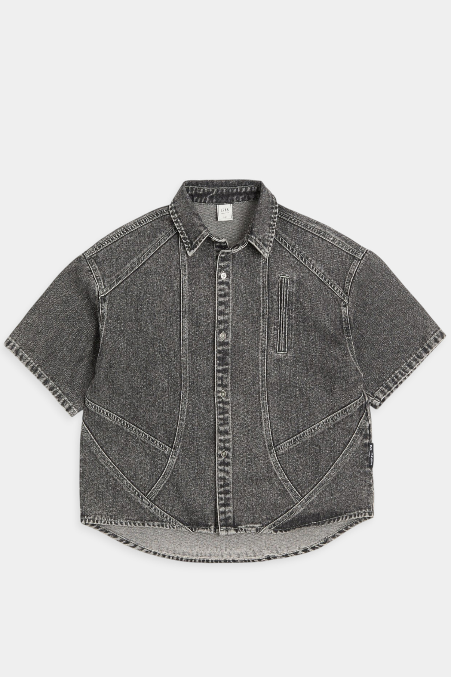 雪花洗舊 牛仔切割短袖襯衫(短版)