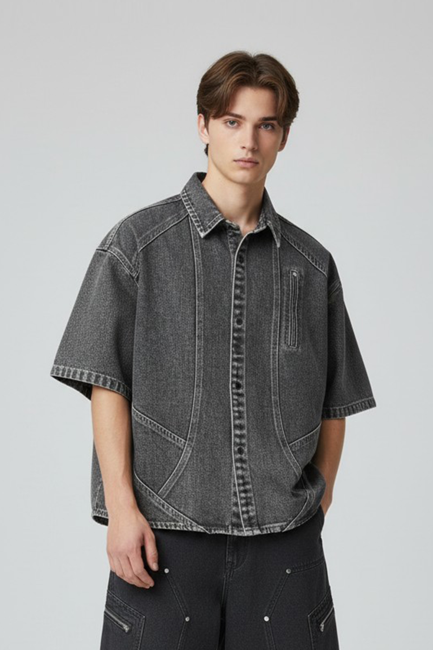 雪花洗舊 牛仔切割短袖襯衫(短版)