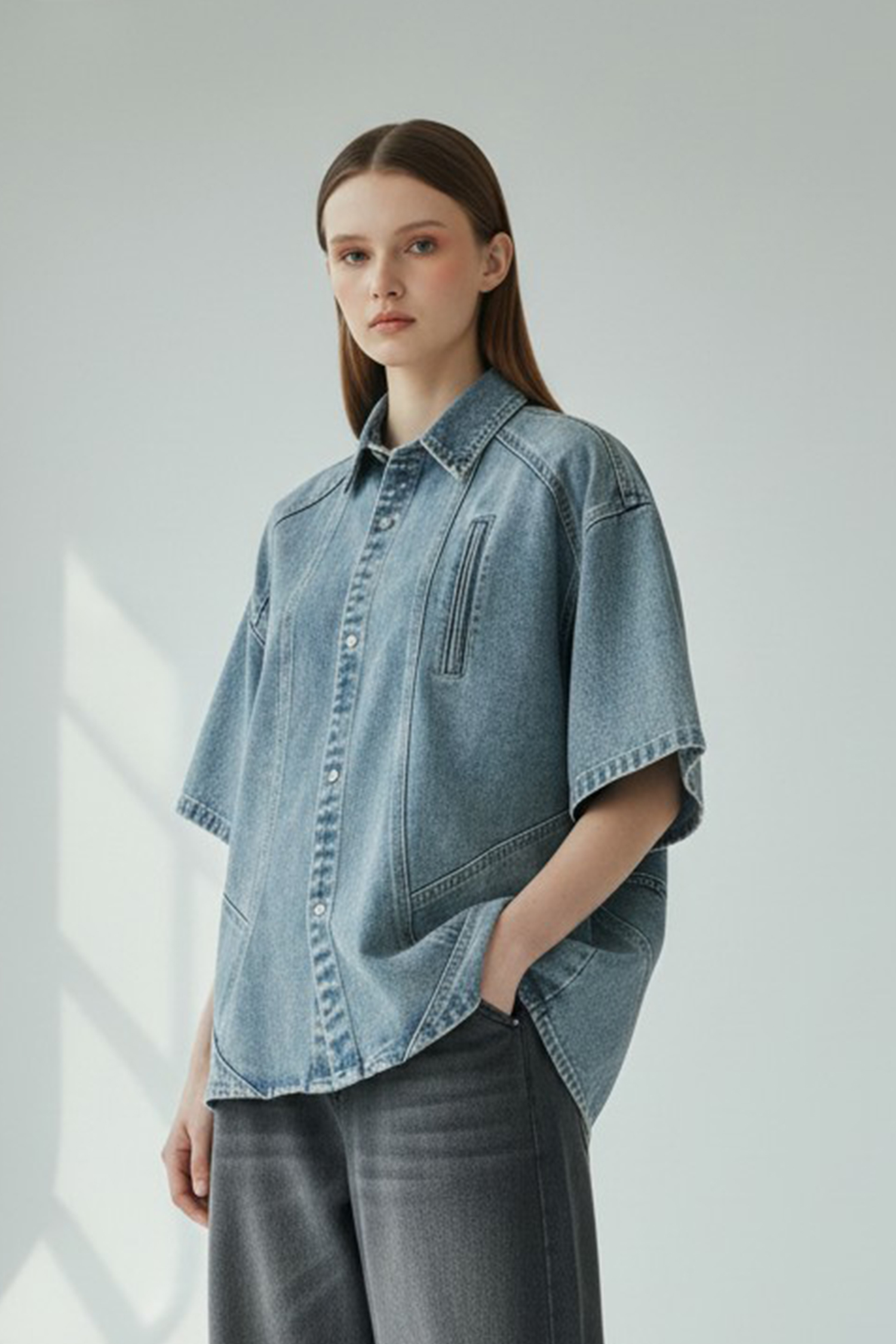 雪花洗舊 牛仔切割短袖襯衫(短版)