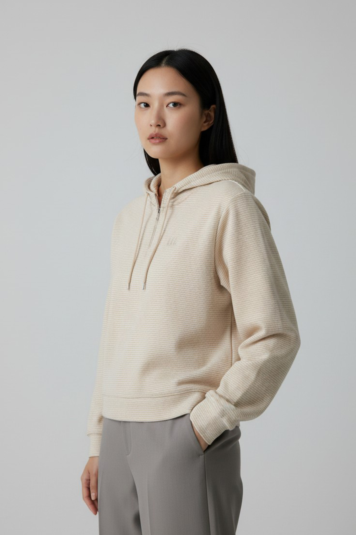 條紋絨 半開襟連帽上衣