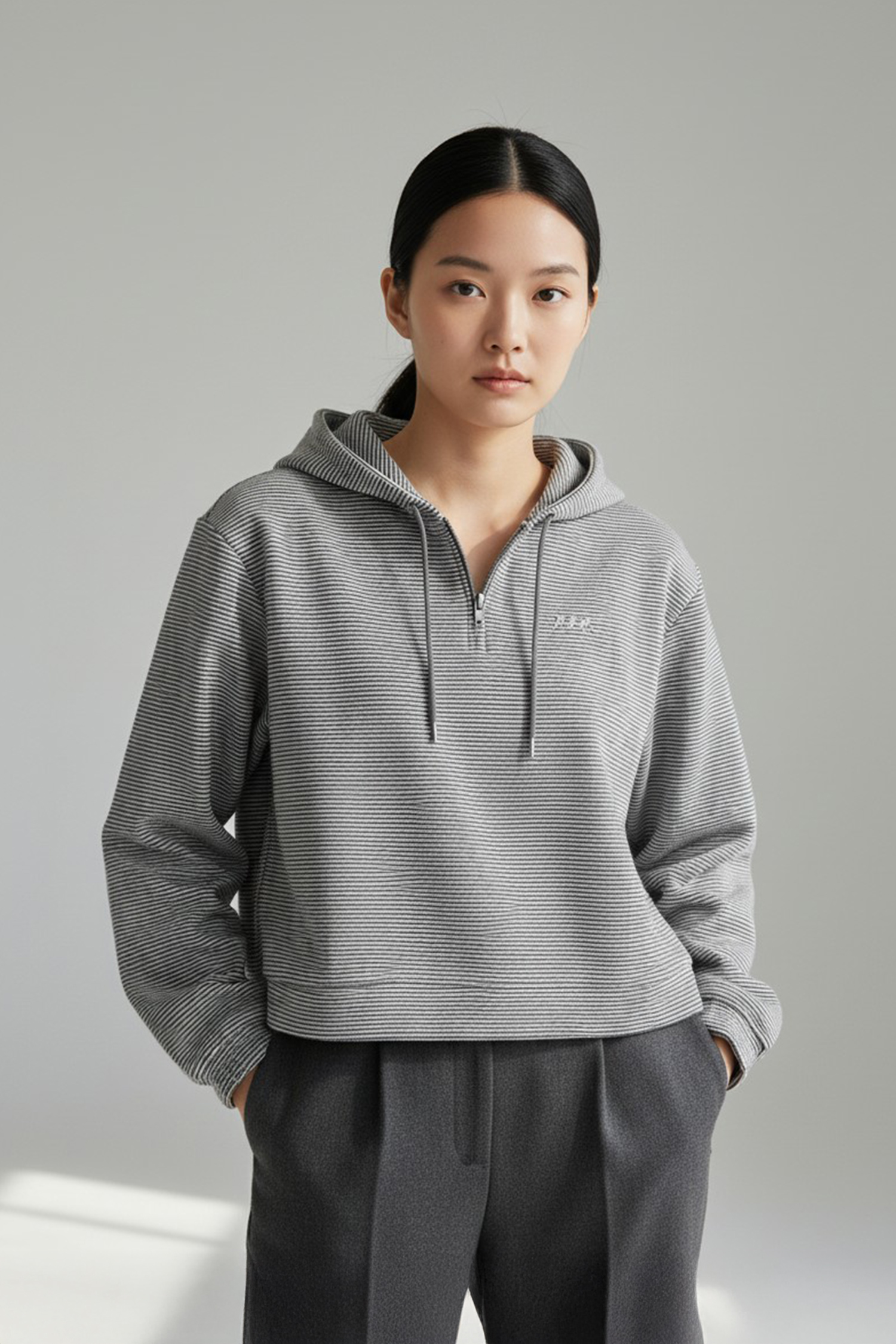 條紋絨 半開襟連帽上衣