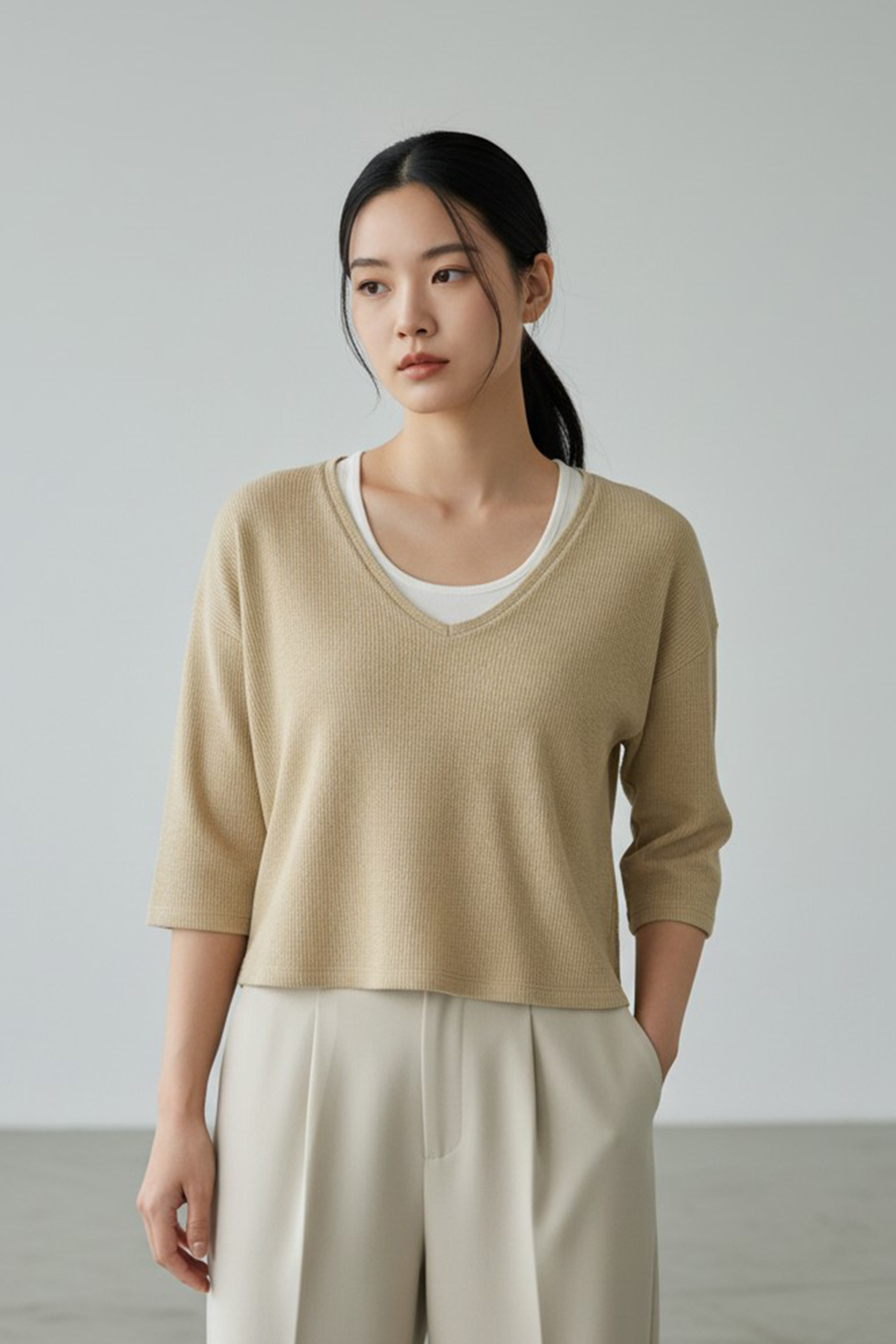 仿羊絨 兩件式撞色上衣