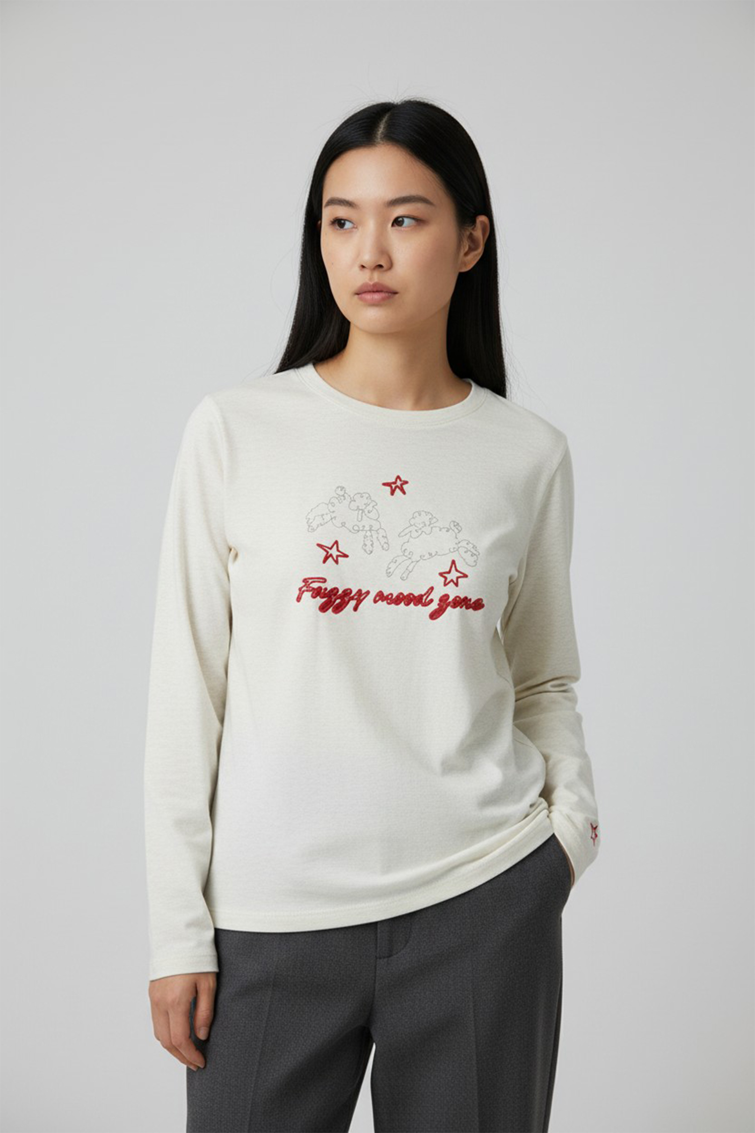 星星綿羊刺繡 磨毛長袖Tee