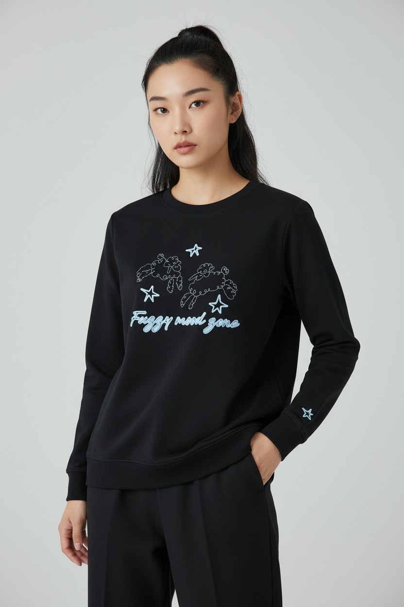 星星綿羊刺繡 磨毛長袖Tee