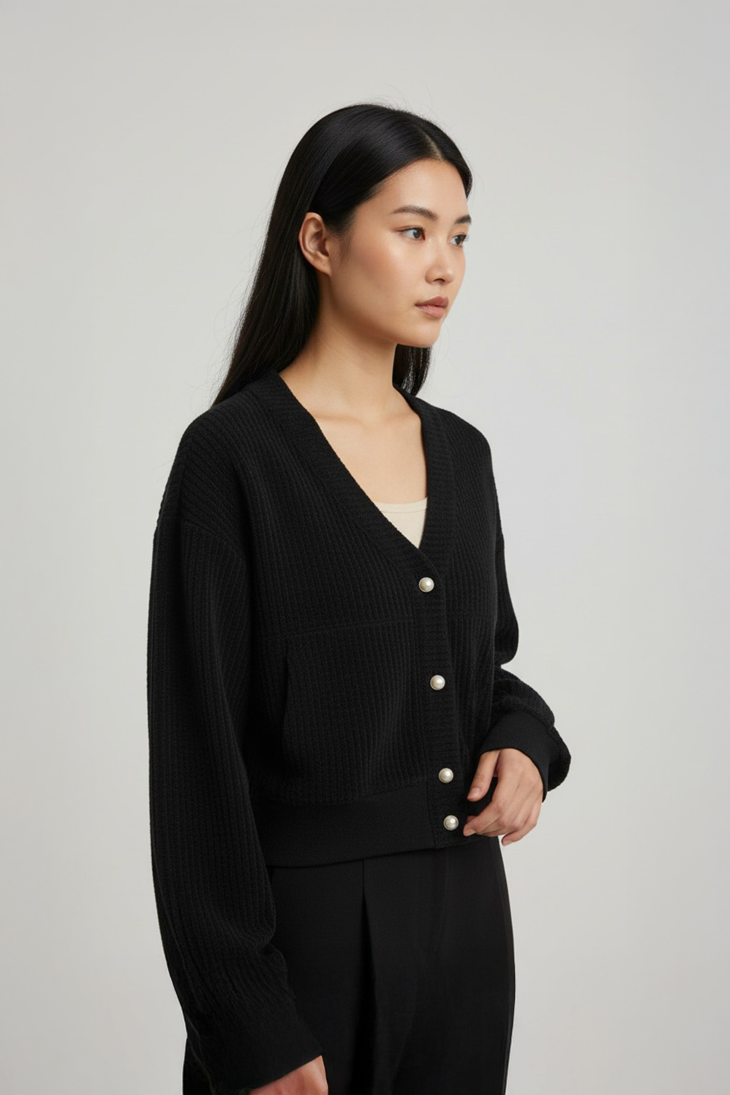 坑條V領 短版開襟外套