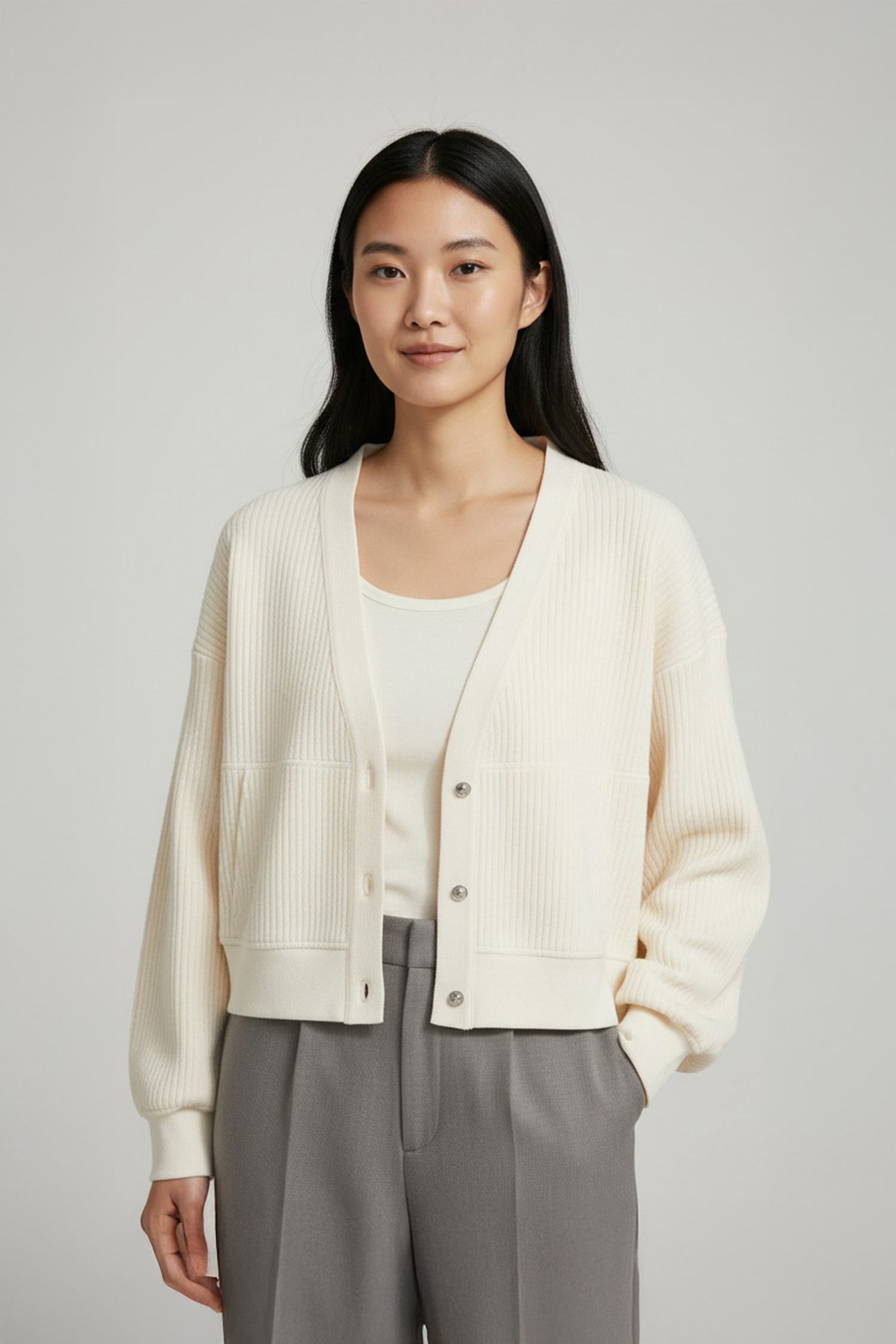 坑條V領 短版開襟外套