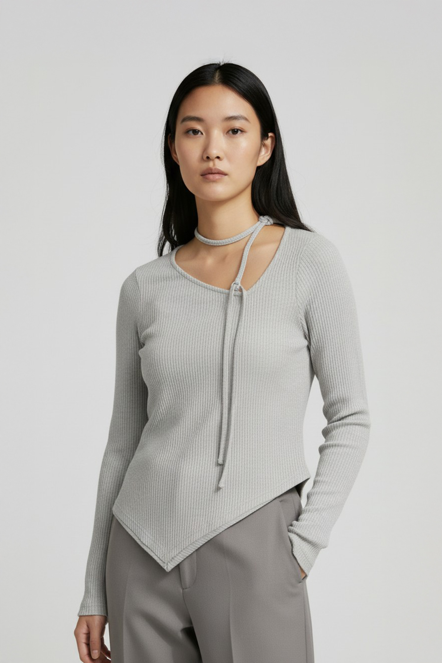 斜領坑條 不對稱造型上衣