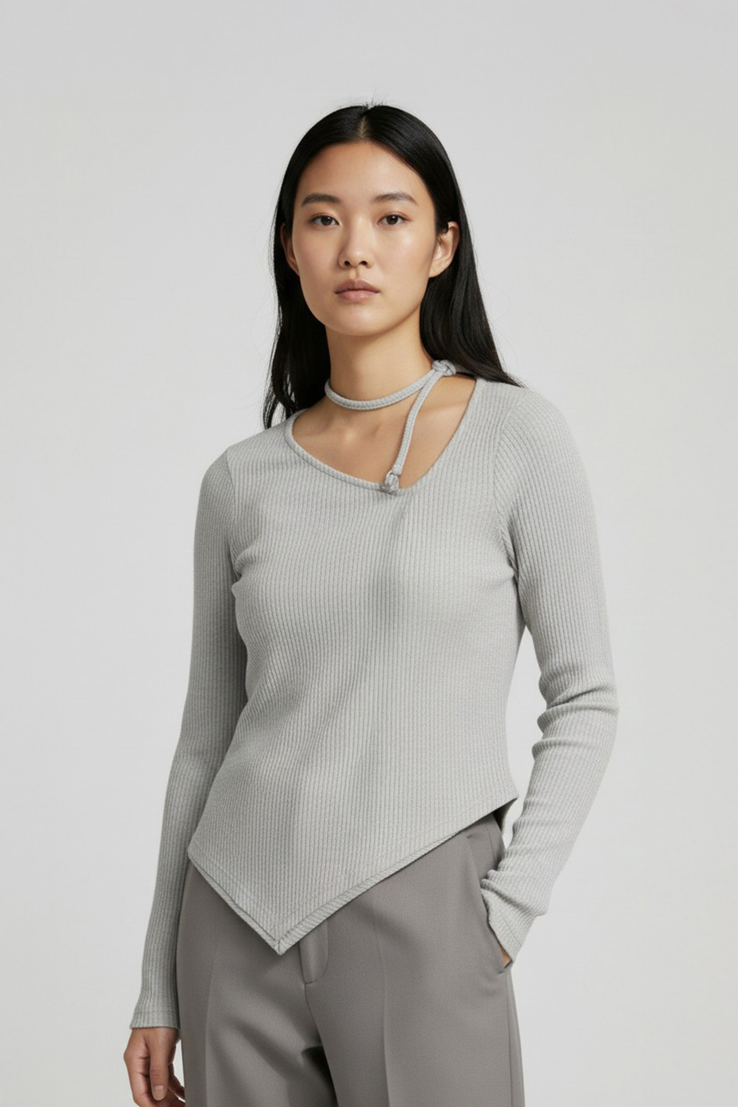 斜領坑條 不對稱造型上衣