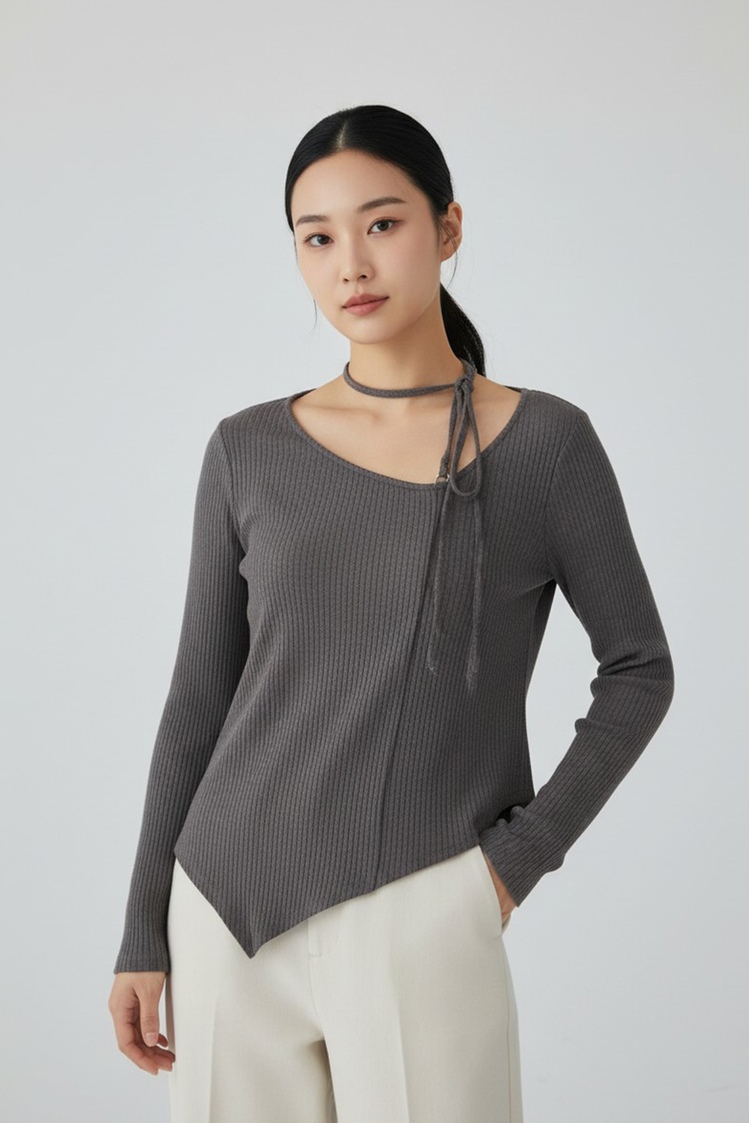 斜領坑條 不對稱造型上衣