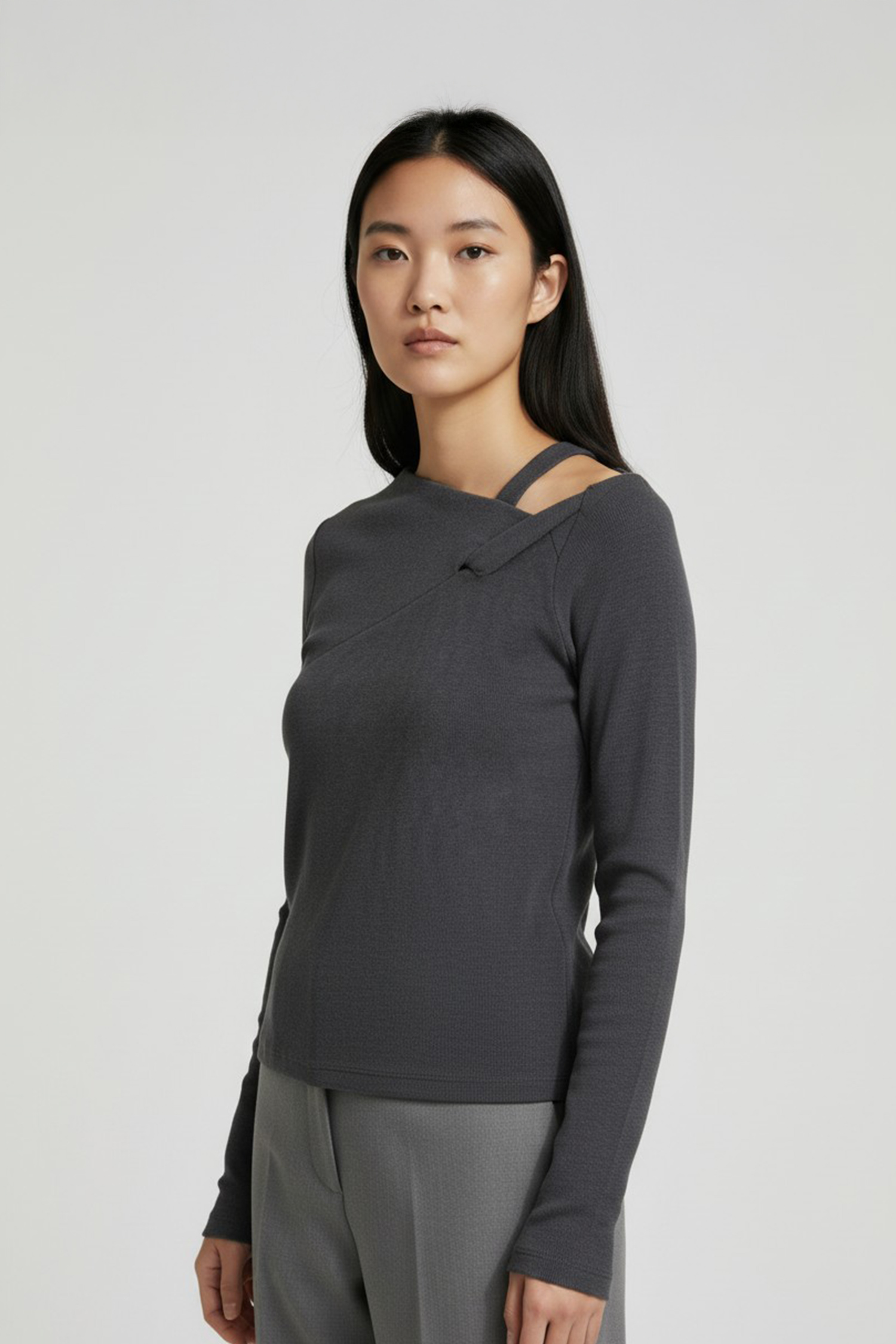 扭轉單肩 仿羊絨上衣