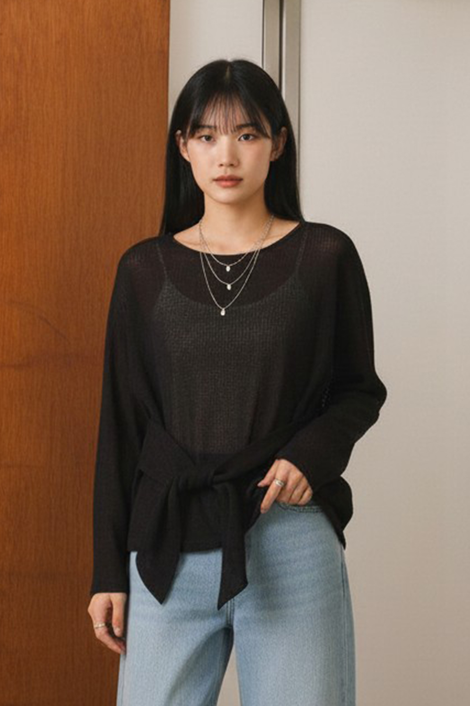 綁腰造型 簍空針織罩衫