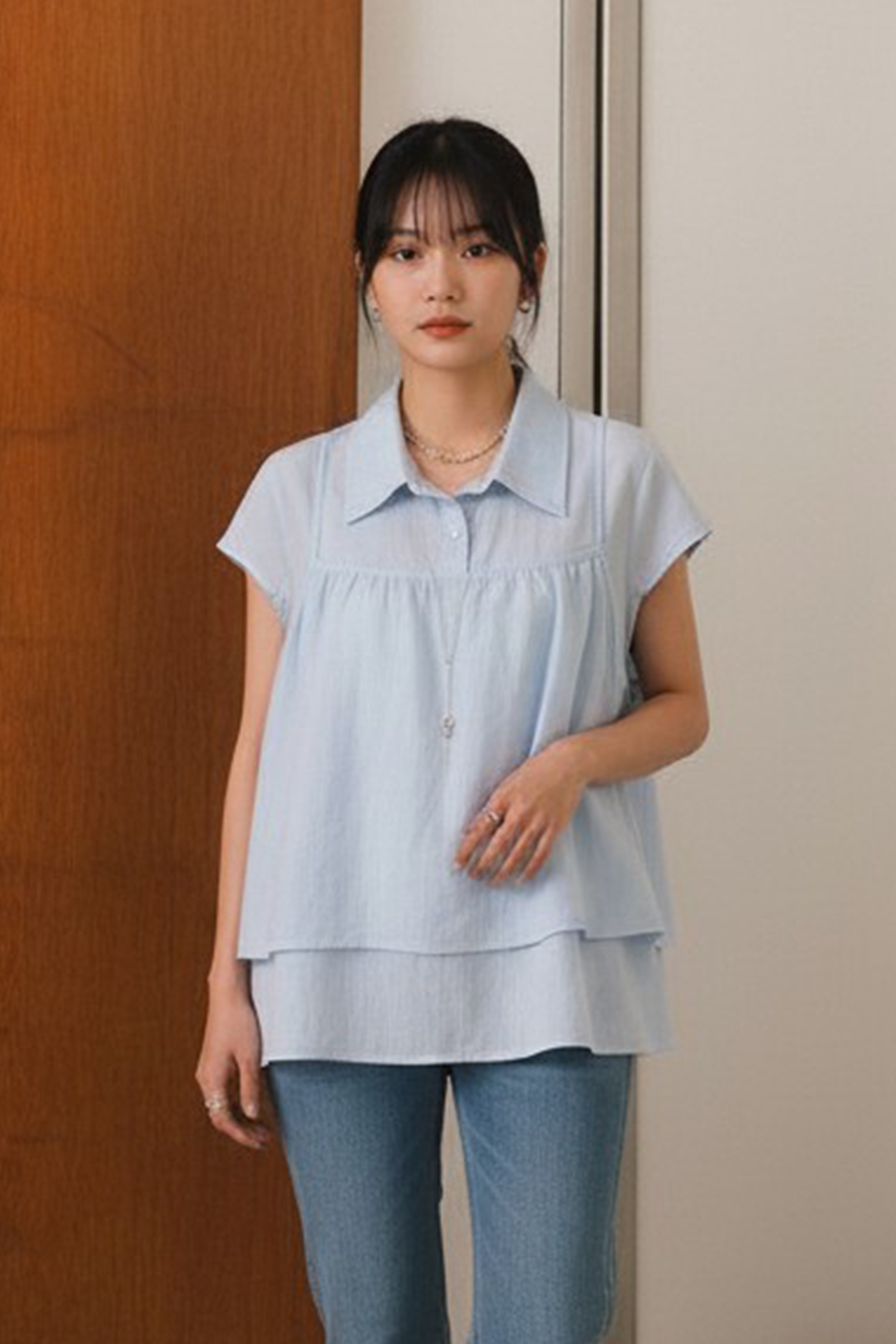 微光透膚 雙層短袖襯衫