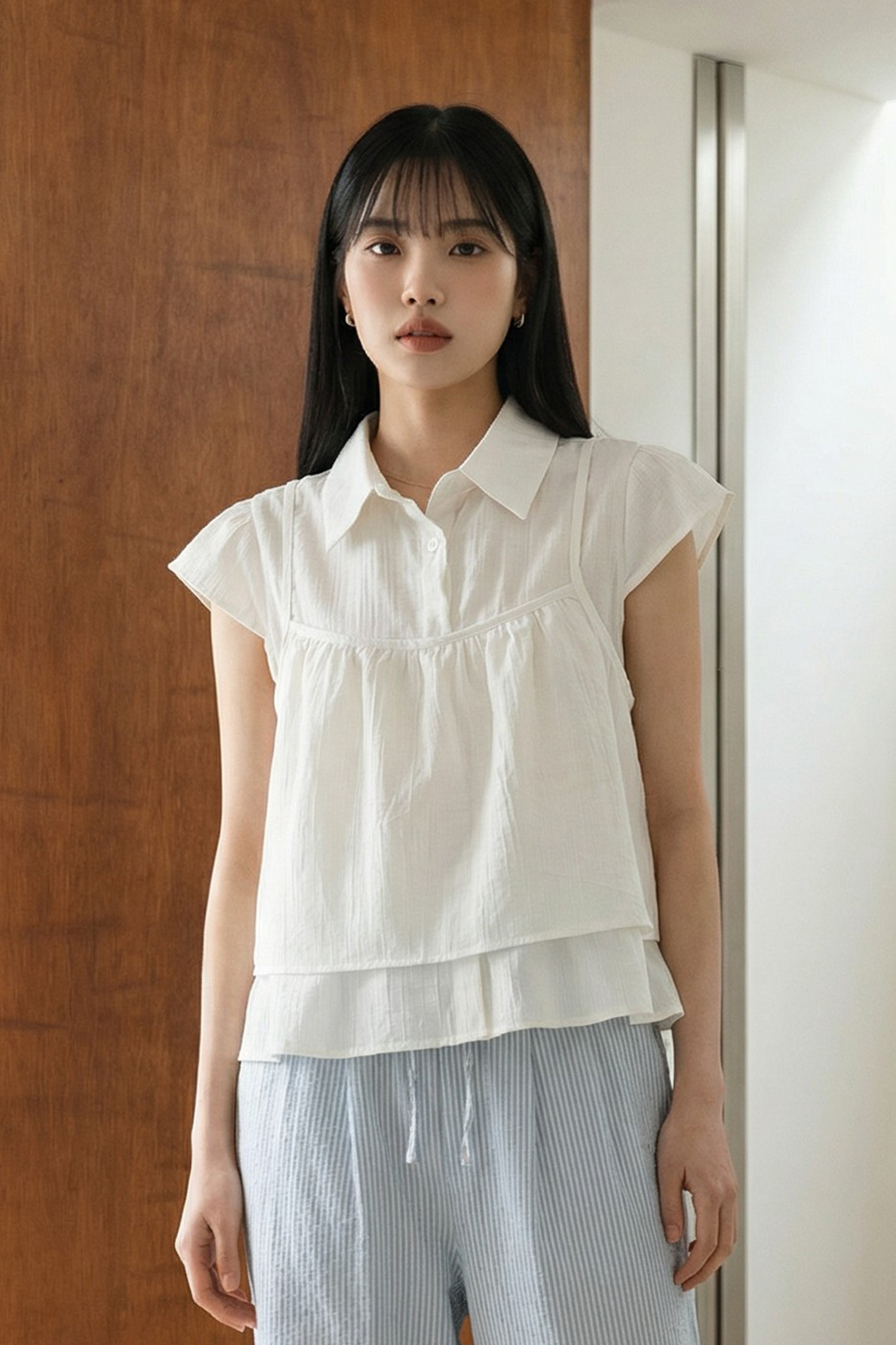 微光透膚 雙層短袖襯衫