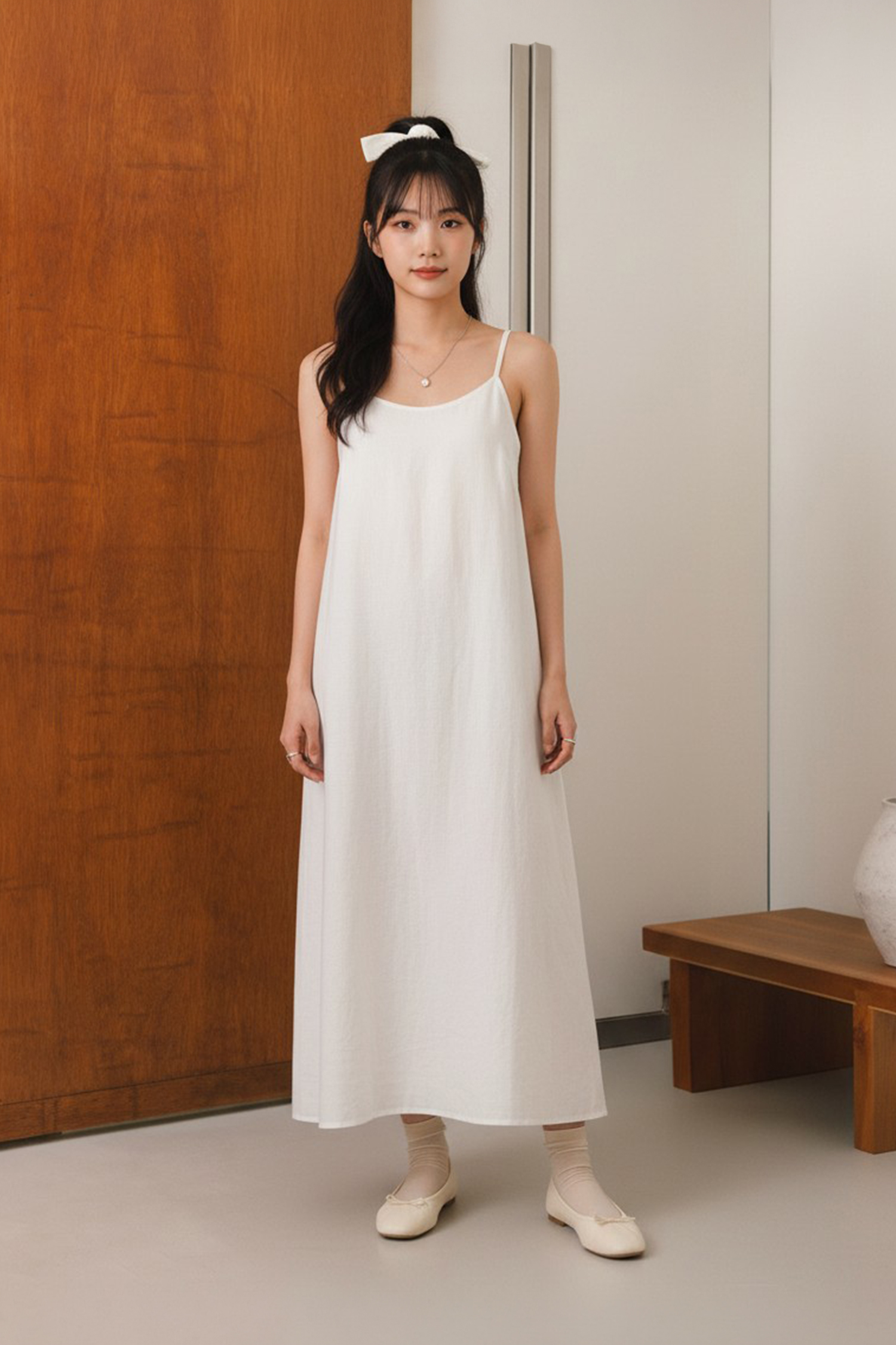 緹花細條 美背細肩帶洋裝(附方型髮圈)