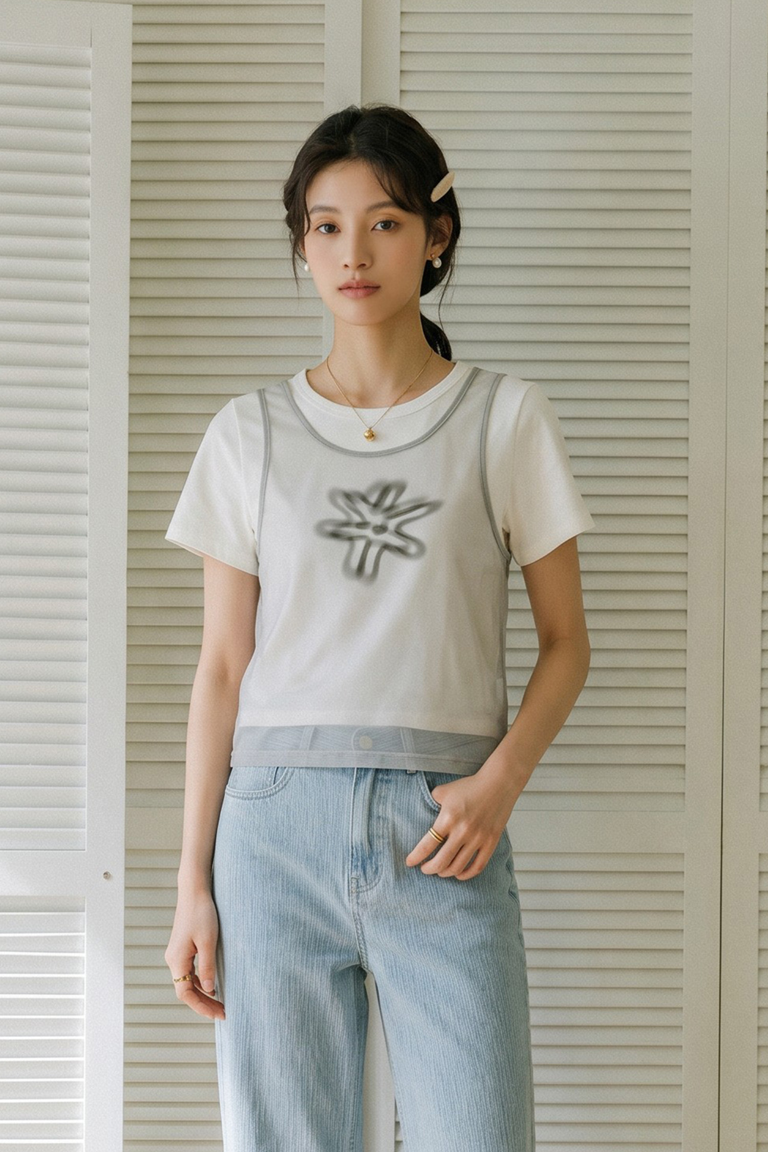 輕柔花影 雙層紗短袖上衣