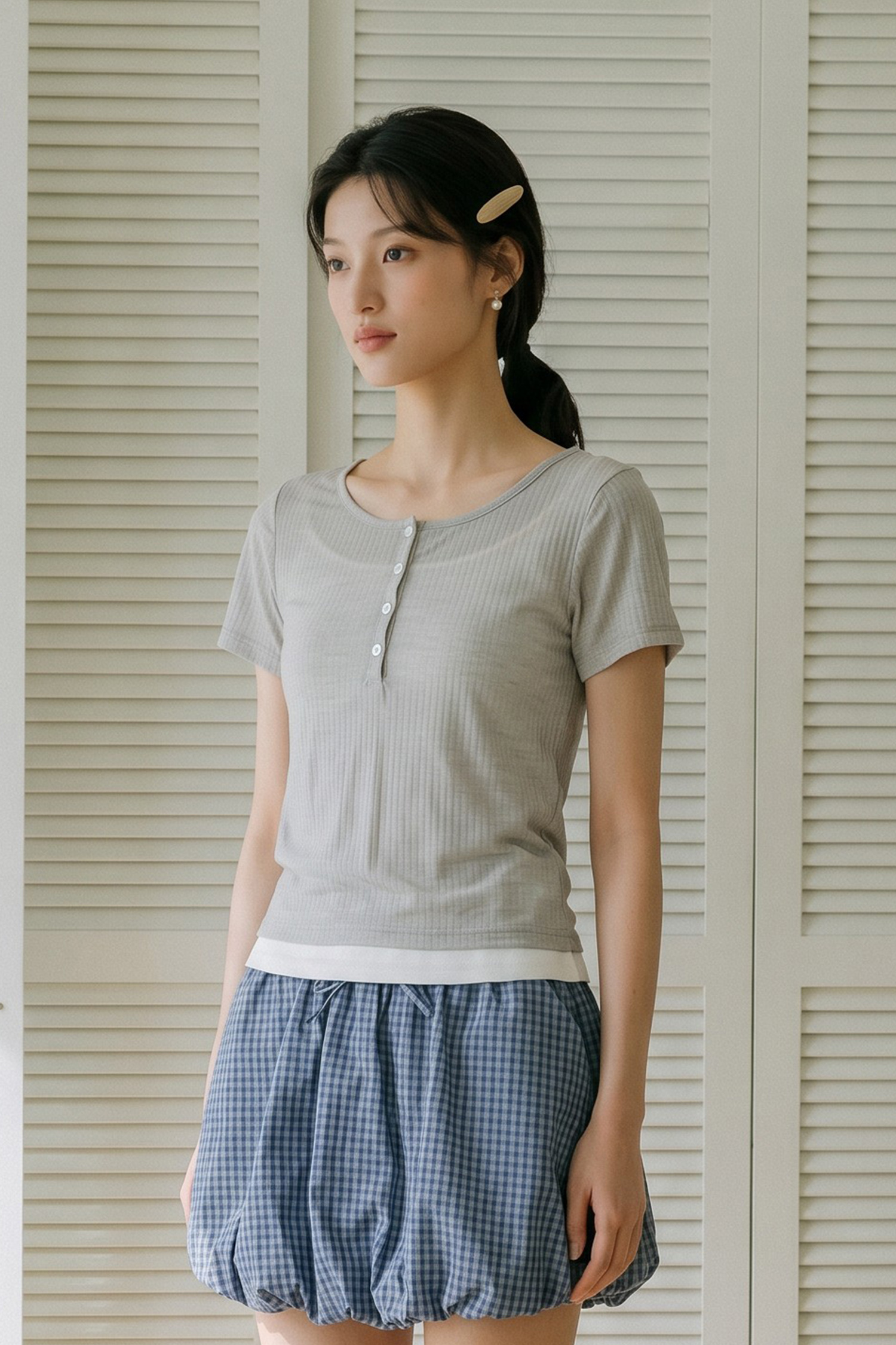 薄霧紗 假兩件半開襟上衣