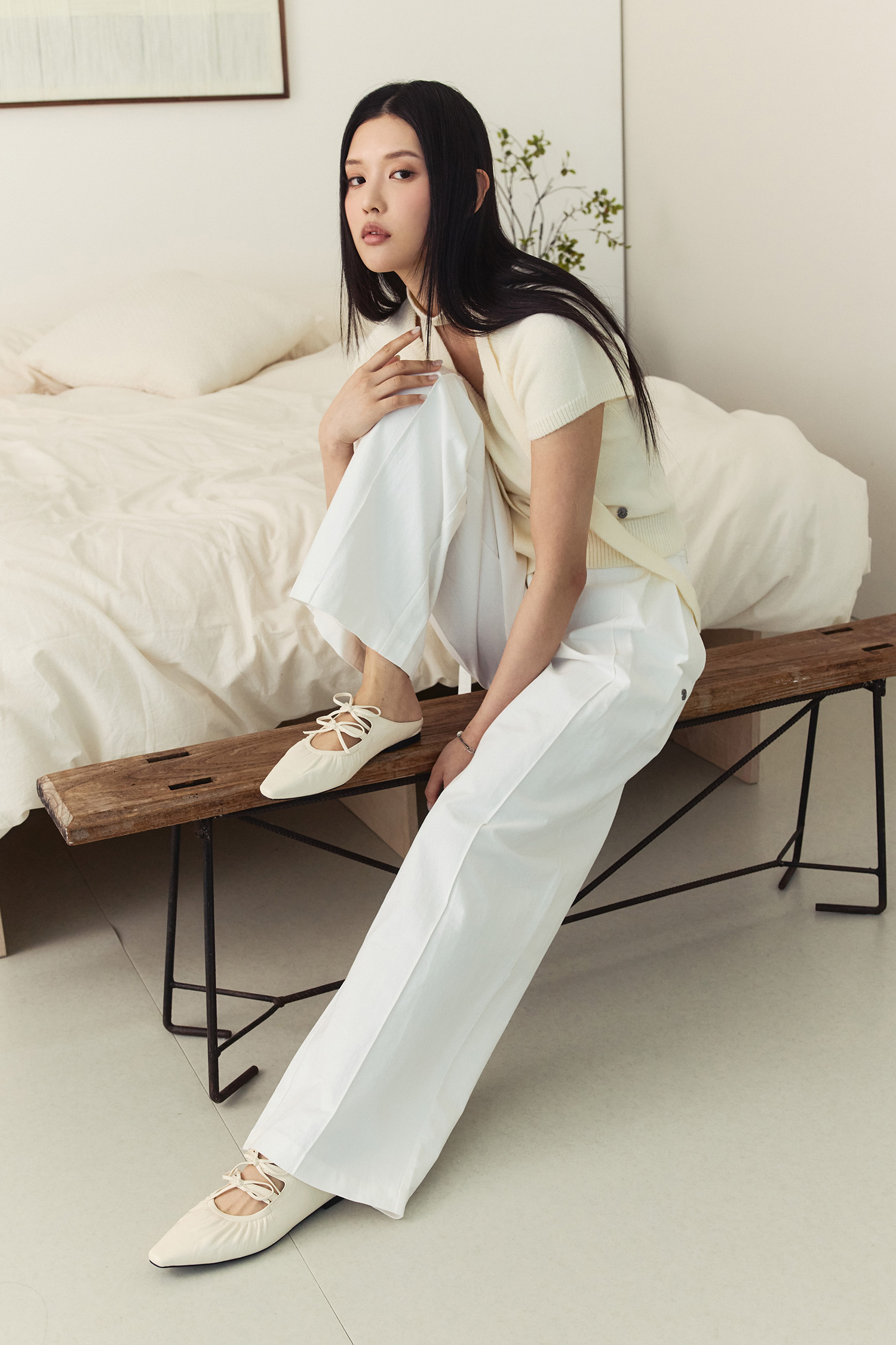 挺料斜紋 腰帶直筒廓型褲(女)