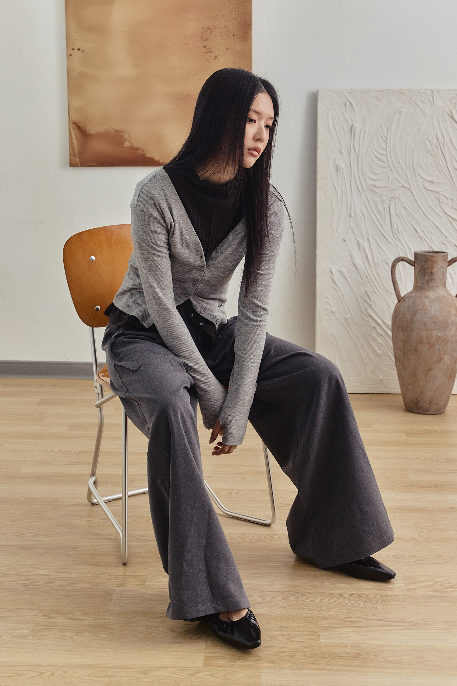 壓褶腰帶 闊腿寬口西褲(女)