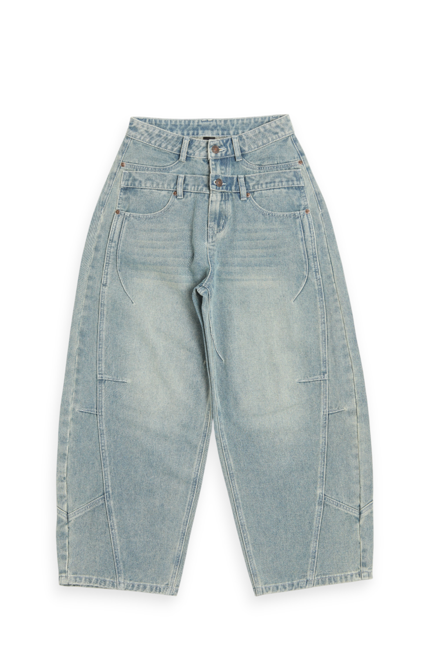 韓系 雙腰頭 水洗牛仔長褲