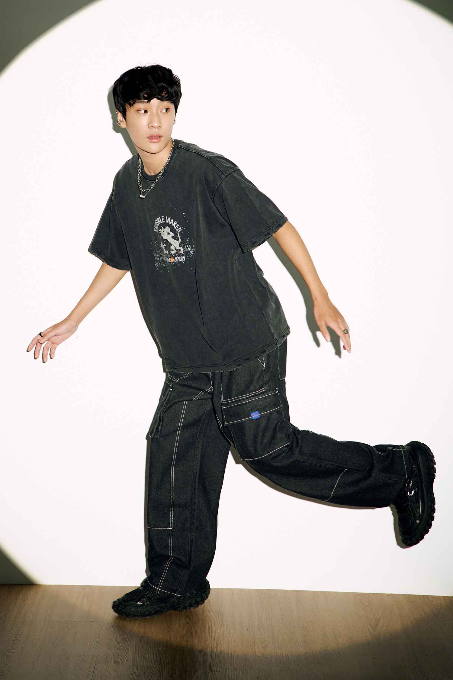 TOM AND JERRY 水洗磨破印花短袖上衣