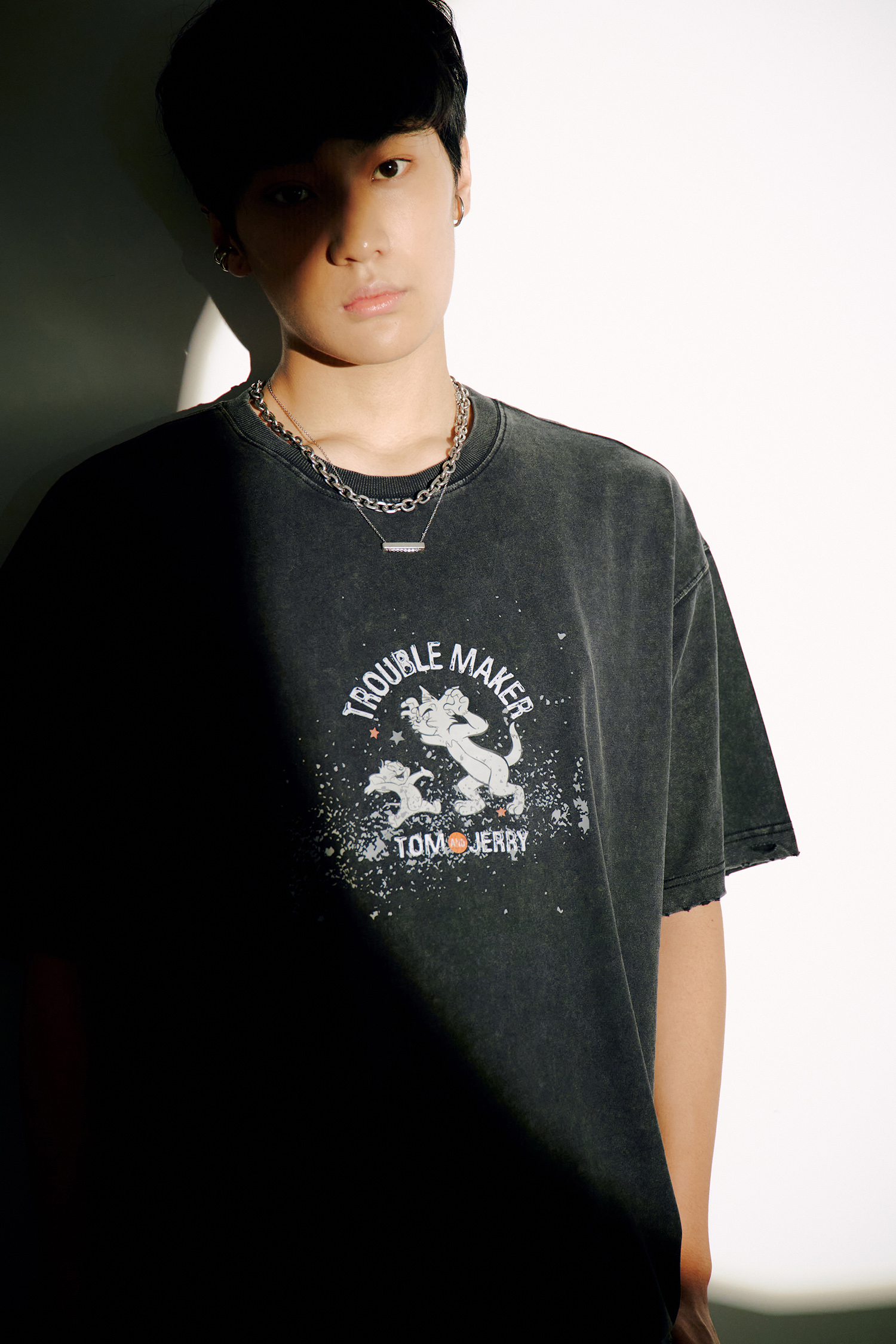 TOM AND JERRY 水洗磨破印花短袖上衣