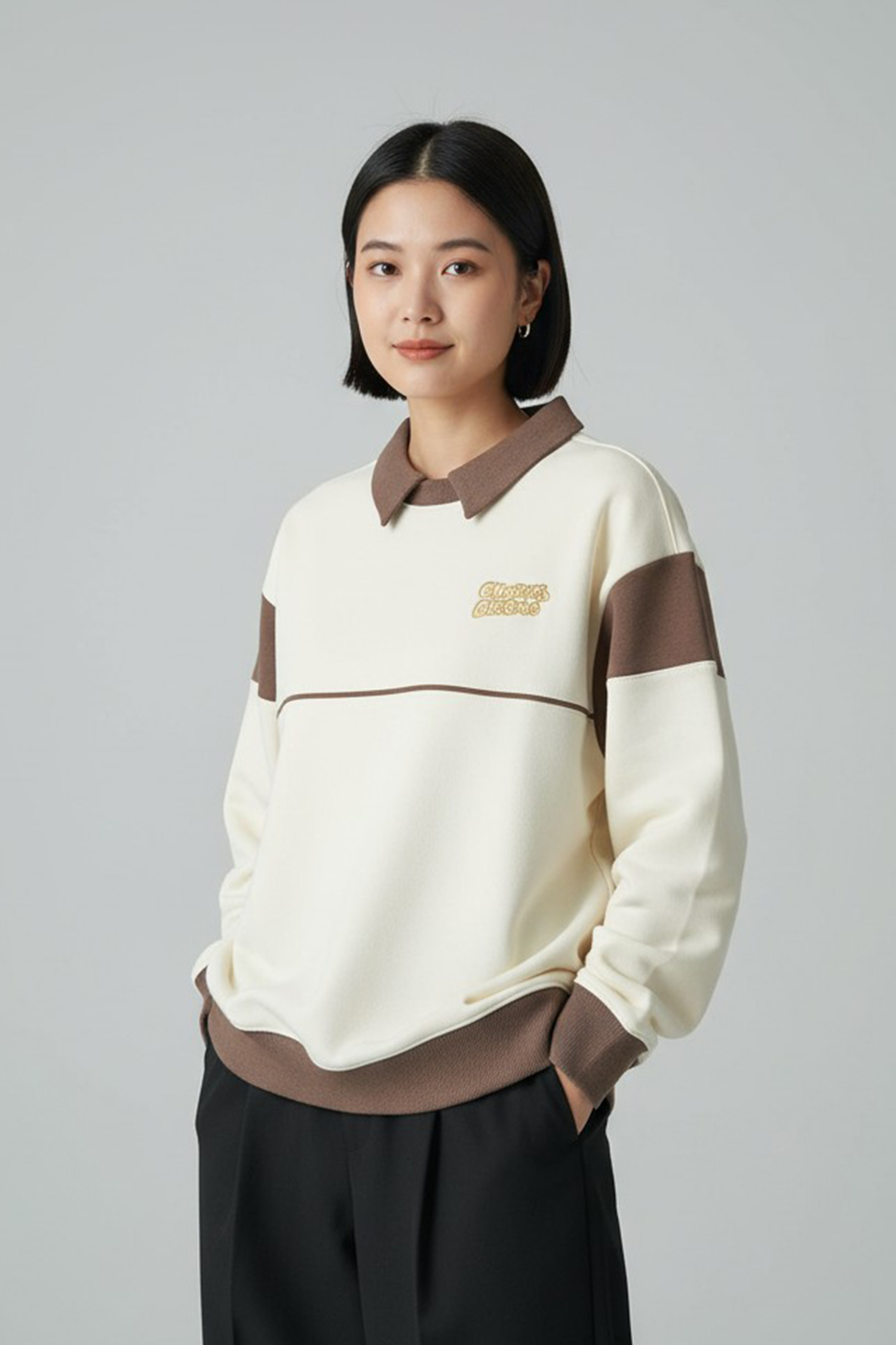 鹿人與泥鰍 翻領撞色長袖上衣