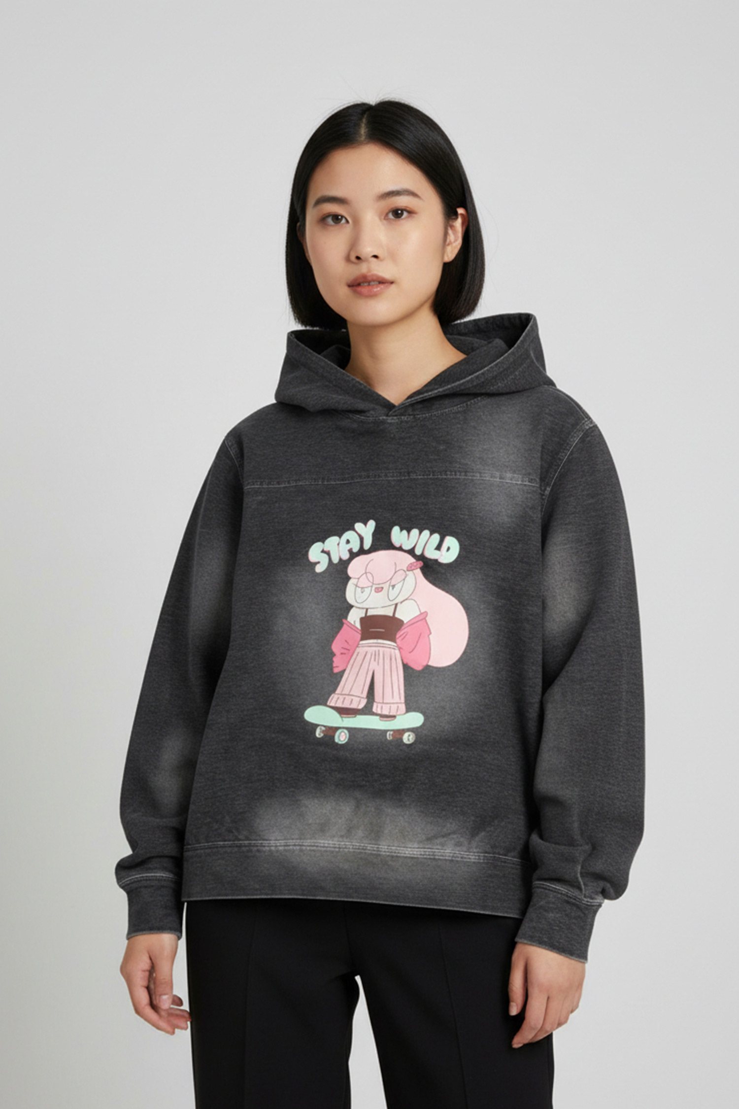 鹿人與泥鰍 剪接牛仔連帽長袖上衣