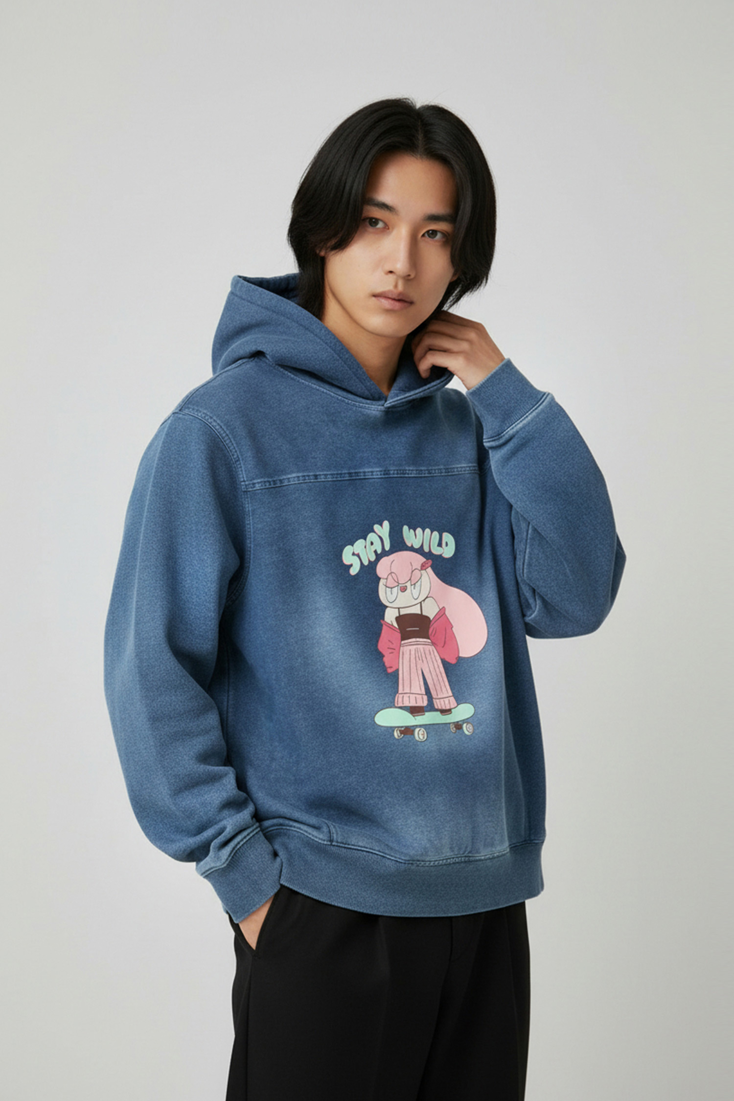 鹿人與泥鰍 剪接牛仔連帽長袖上衣